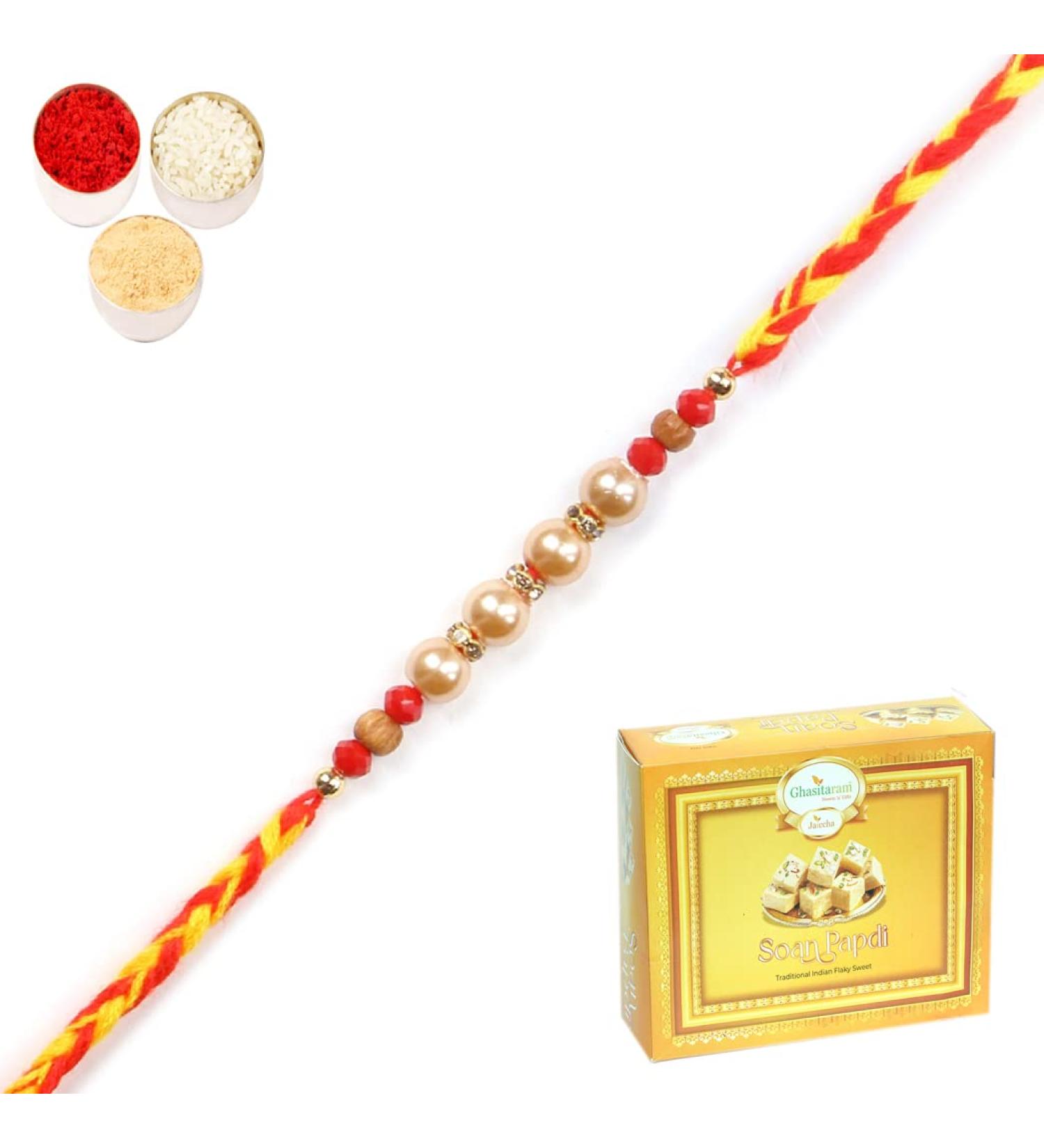 Ghasitaram Gifts Rakhi for Brother Rakhis Online -6432 Pearl Rakhi for My Brother with 400 GMS of Soan Papdi Rakhi with 400 gms of Soan Papdi - Buy Online on GoSupps.com