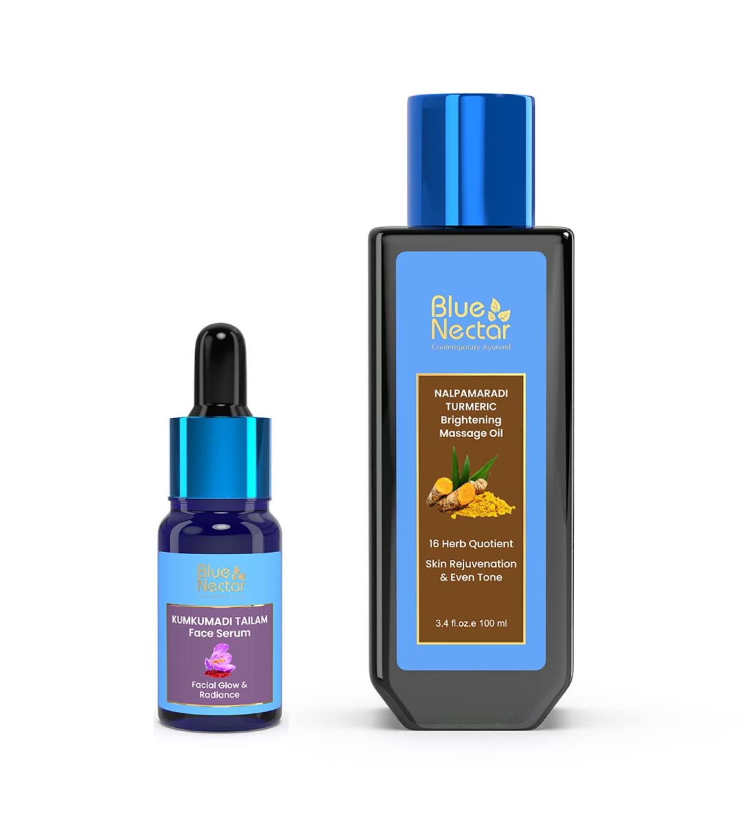 Blue Nectar Kumkumadi Tailam Anti-Aging Face Serum (1 fl oz) + Nalpamaradi Tailam Skin Brightening Oil - 26 Herbs, Turmeric, 16 Ayurvedic Herbs - Buy Online on GoSupps.com
