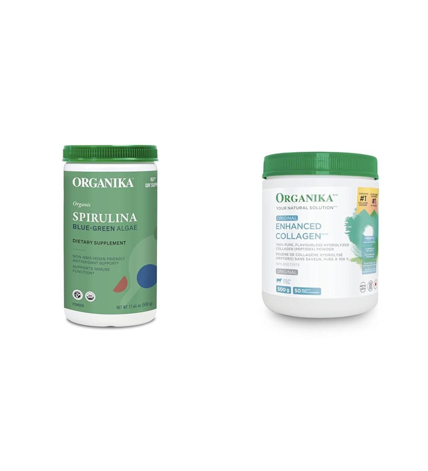 Organika Certified Organic Spirulina Powder- Superfood 3rd Party Tested Pristine Sourcing & Enhanced Collagen Peptides Protein Powder For Healthy Hair Skin Nails Joints 500 g (Pack of 1) Powder+ Collagen Peptides - Buy Online on GoSupps.com