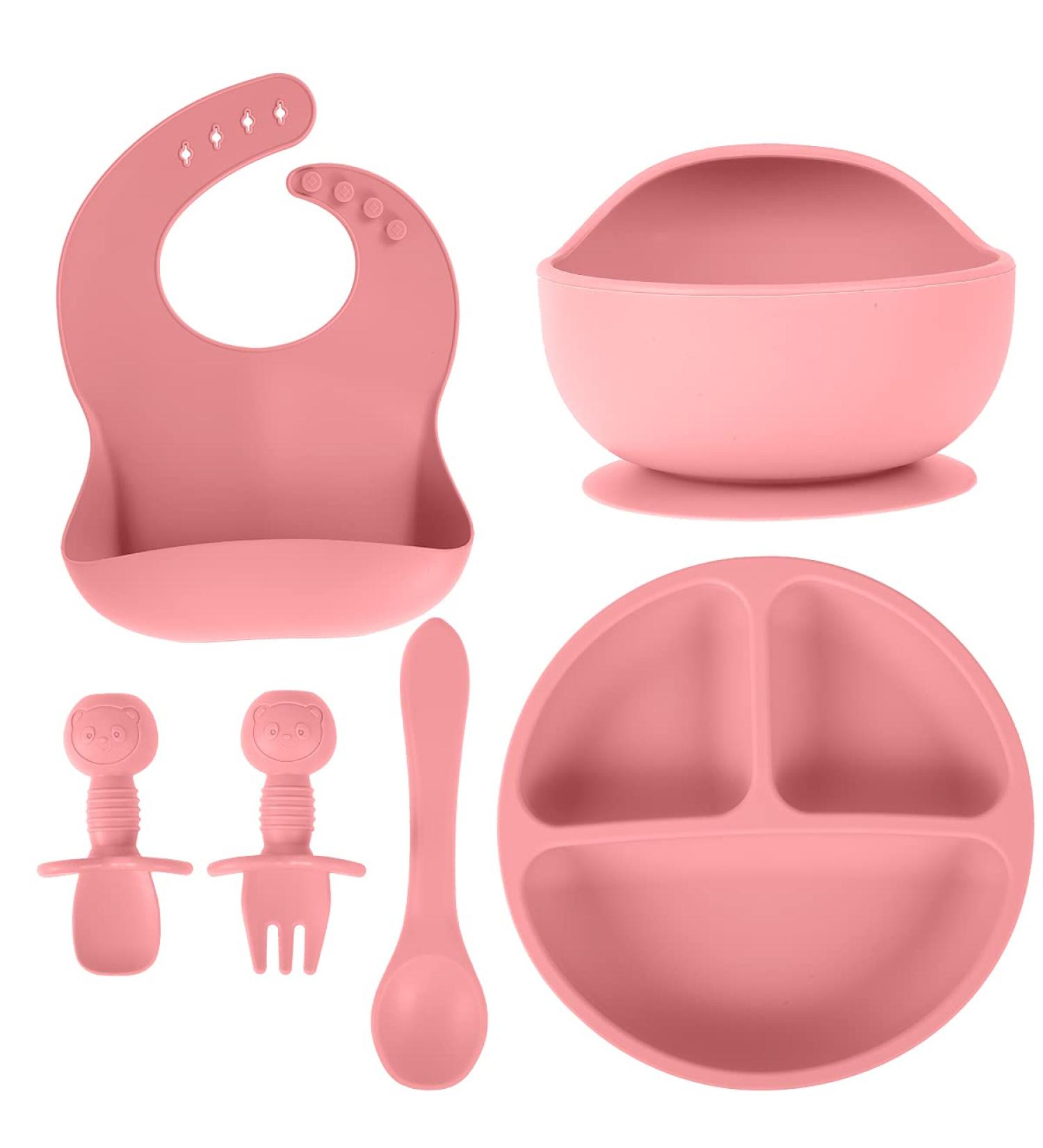 6Pcs Baby Silicone Feeding Set New BPA Free Self Feeding Set Bowl&Divided Plate&Adjustable Bib&Soft Spoon&Fork for Babies and Toddlers - Easy Wipe Clean (Red-6pcs) - Buy Online on GoSupps.com