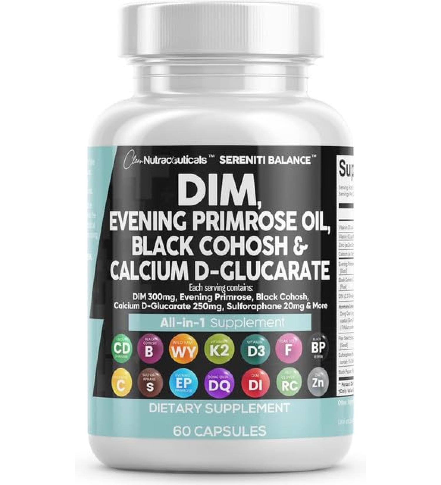 Clean Nutraceuticals DIM Evening Primrose Black Cohosh Calcium D-Glucarate Sulforaphane Flax Seed Extract - Hormonal Support Vitamins for Women with Dong Quai - 60 Caps 60 Count (Pack of 1) - Buy Online on GoSupps.com
