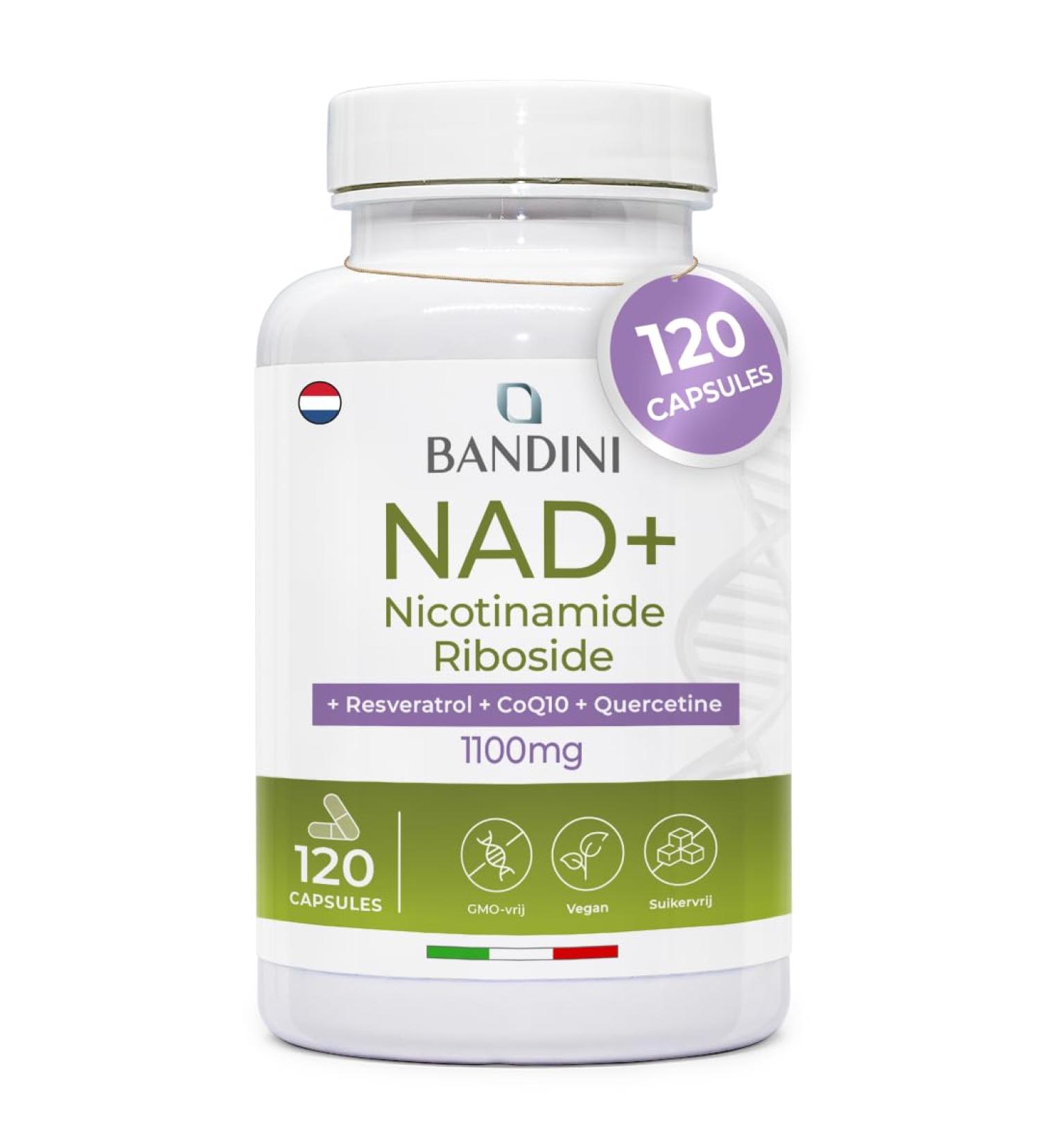 Bandini NAD+ liposomaal 120 capsules NAD supplement nicotinamide riboside chloride + Quercetine Resveratrol Coenzym Q10 Antiaging Energiemetabolisme 1100mg per portie 100 Vegan NonGMO - Buy Online on GoSupps.com