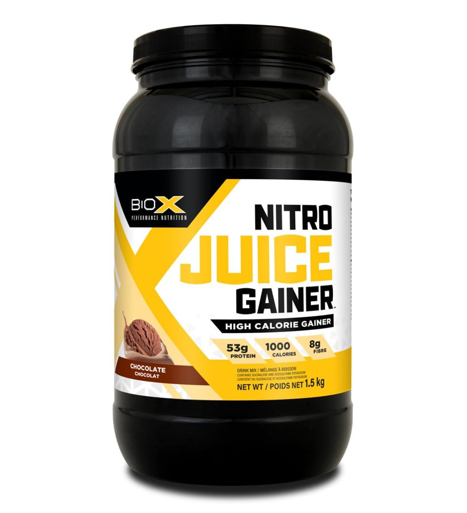 BioX Nitro Juice Gainer | High Protein Weight Gaining Formula | 1000 Calories 53g Protein with Fast & Slow Release Protein Blend 3g Creatine Monohydrate 2g Glutamine 11g BCAAs (1.5KG Chocolate) Chocolate 1.5 kg (Pack of 1) - Buy Online on GoSupps.com