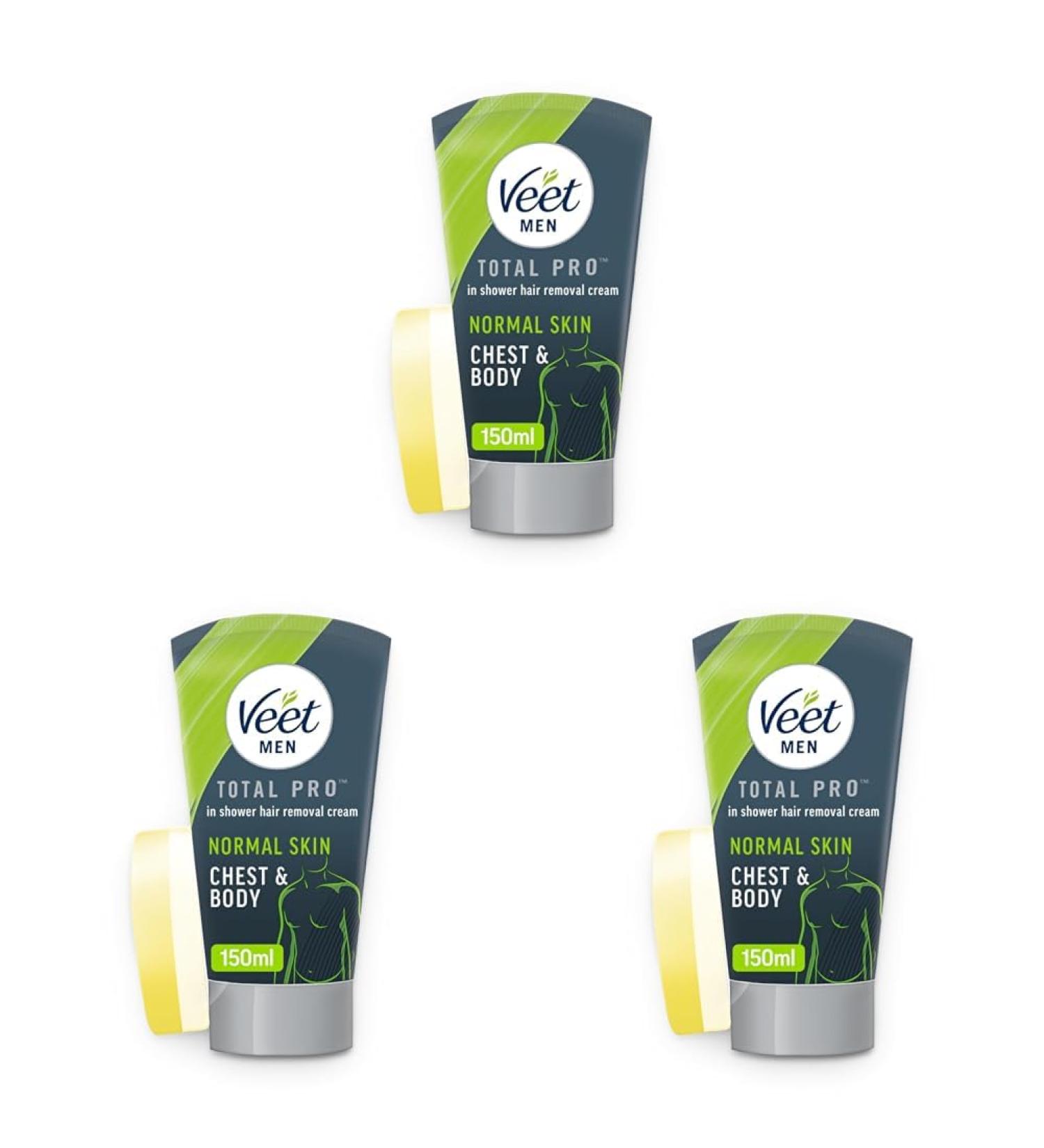 Veet Men In Shower Hair Removal Cream Chest & Body Normal Skin 150ml each 1 Sponge No Risk of Cuts 24 Hour Hydration 7 Days of Smoothness Dermatologically Tested (Packaging may vary) 150 ml (Pack of 3) - Buy Online on GoSupps.com