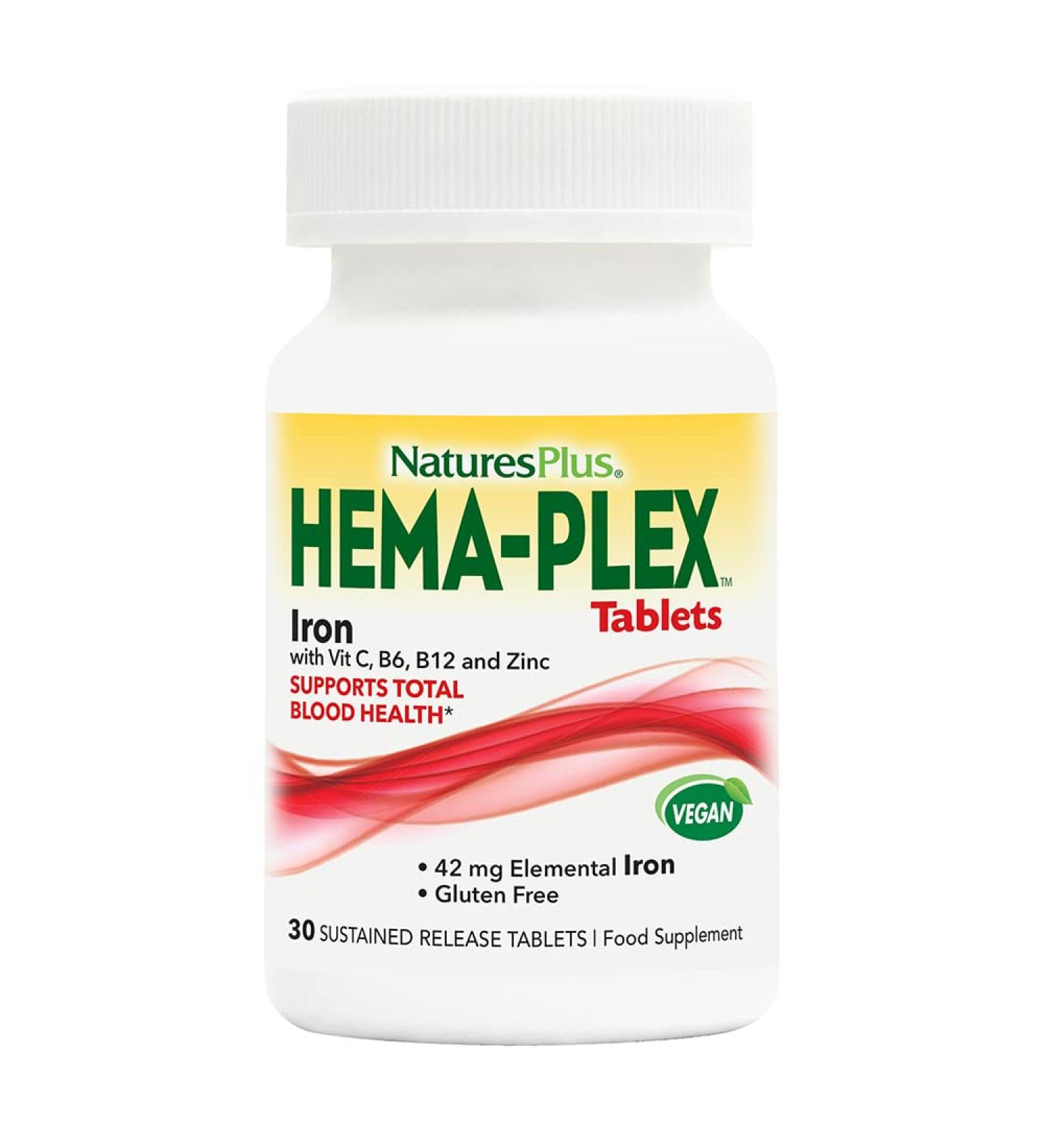 NaturesPlus Hema-Plex Iron 85mg Slow-Release Tablets with Vitamin C & Bioflavonoids - Vegan & Gluten Free - 30 Servings - Buy Online on GoSupps.com