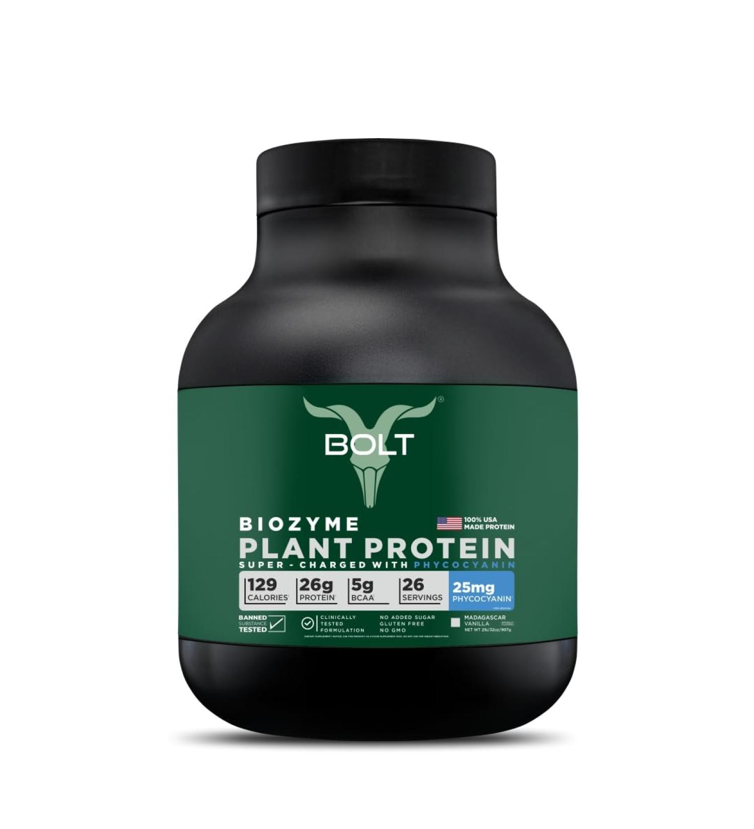 Bolt Biozyme Plant Protein - Vegan Superfood with Phycocyanin & Ayurvedic Herbs | Complete Amino Acids for Muscle Support | 2Lb Madagascar Vanilla - 26 Servings - Buy Online on GoSupps.com