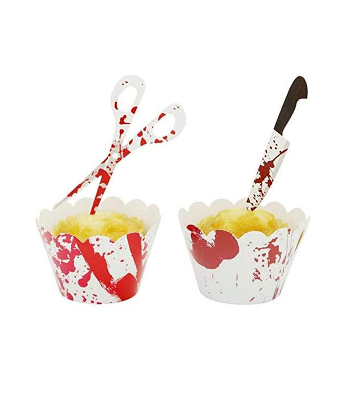 Dzrige 24 Pieces Halloween Cupcake Toppers Wrappers Horror Cake Decoration Scary Bloody Knife Scissors Food Decor Party Suppliers for Halloween Theme Party Ghost Party Birthday Party - Buy Online on GoSupps.com