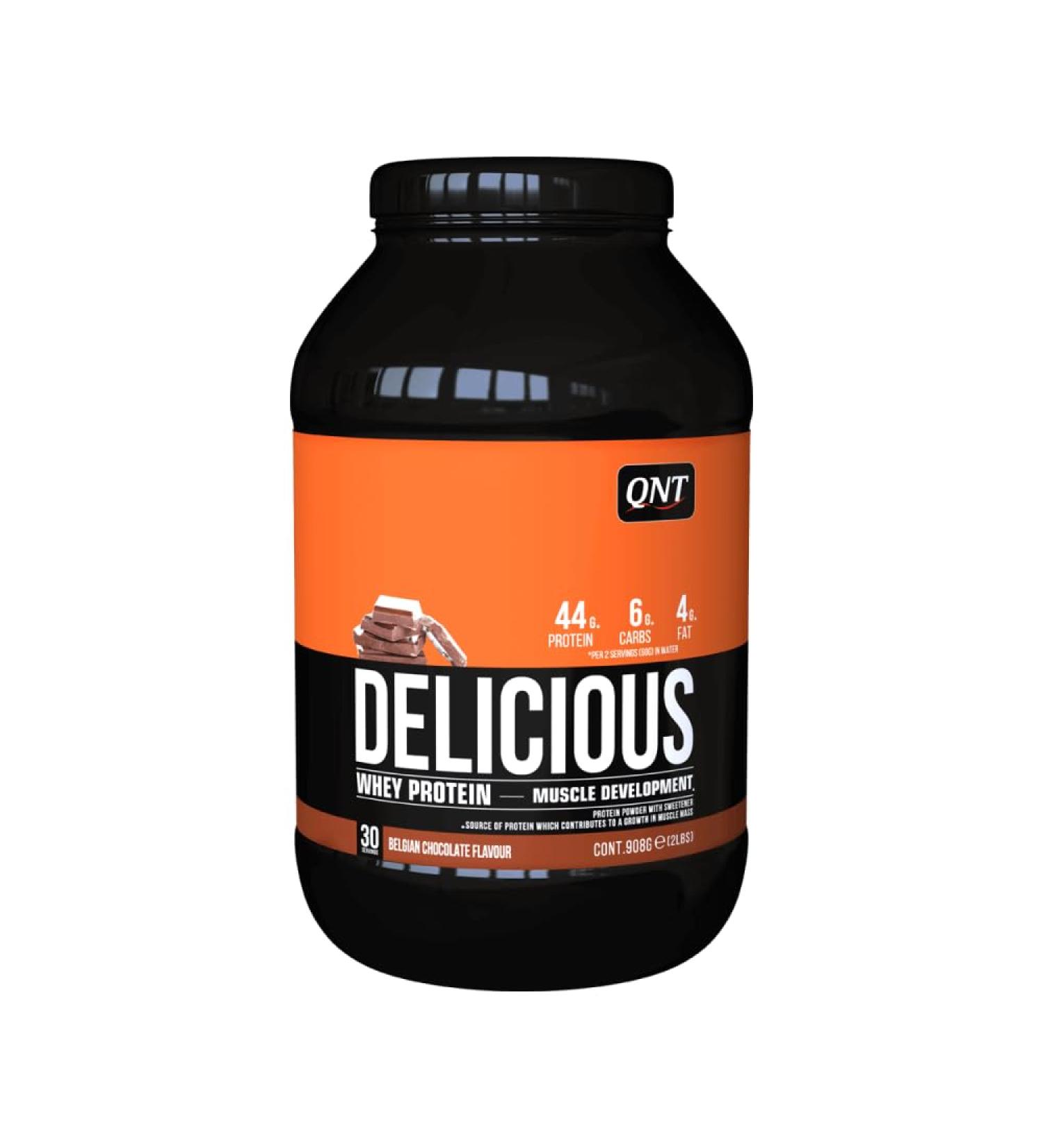 QNT Delicious Whey Belgian Chocolate Whey Protein with Isolate Powder Muscle Development & Recovery Gluten Free Low Carb Fat & Lactose 908g 30 Servings - Buy Online on GoSupps.com