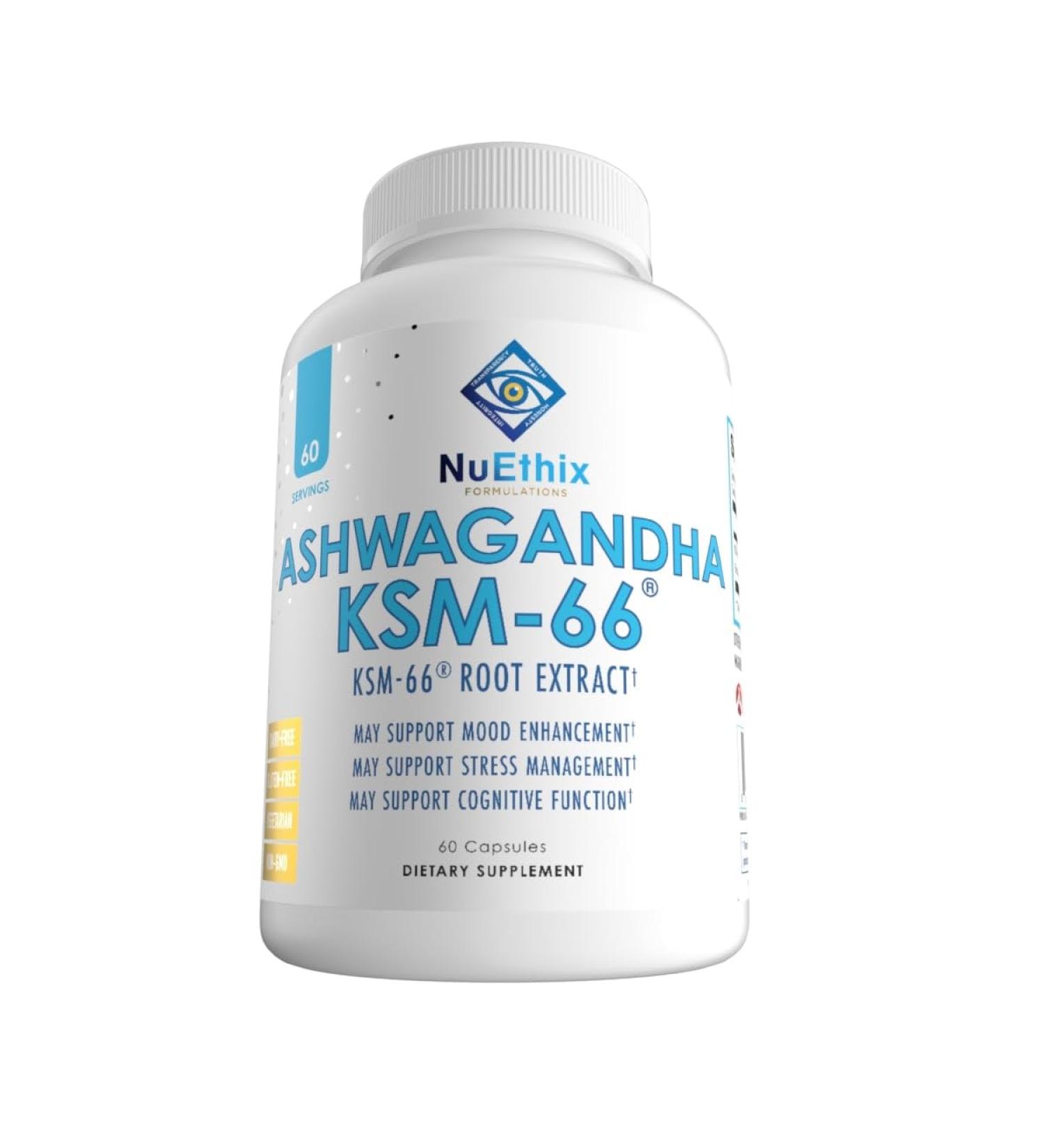 NuEthix Formulations Ashwagandha KSM 66 500mg of KSM-66 Root Extract Mood Stress & Cognitive Support BioPerine Black Pepper Extract Gluten Free Vegetarian Non-GMO & Dairy Free 60 Servings - Buy Online on GoSupps.com