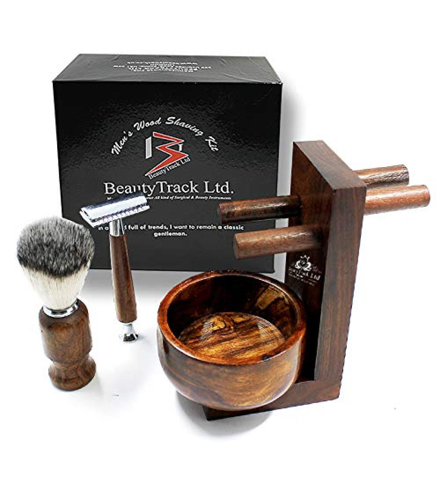 BeautyTrack Vintage Wood Shaving Kit for Men - Safety Razor, Badger Hair Brush, Soap Bowl - Great Gift Idea for Christmas - Buy Online on GoSupps.com