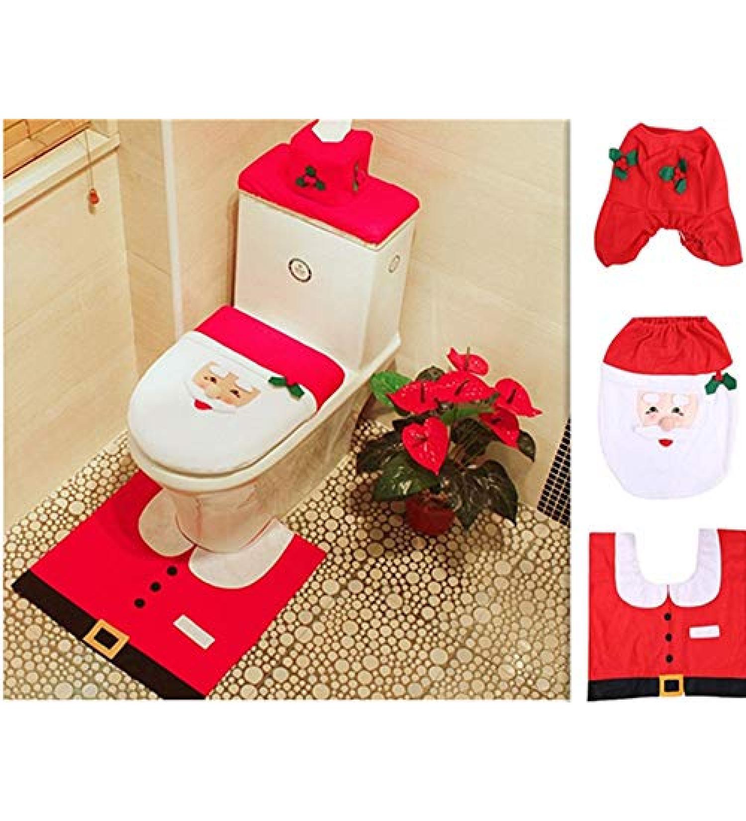 Christmas Toilet Seat Cover Decoration Toilet Case Bathroom Mat Elf New Year Decor Elk Snowman Santa Claus with Floor Mat Three-Piece Sets for Christmas Themed Party Decorate - Buy Online on GoSupps.com