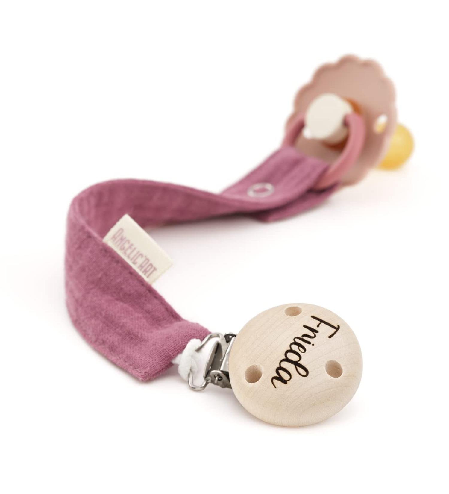 Angelicart pacifier clip with engraved name for babies - girls and boys - many models and colors (Heide)