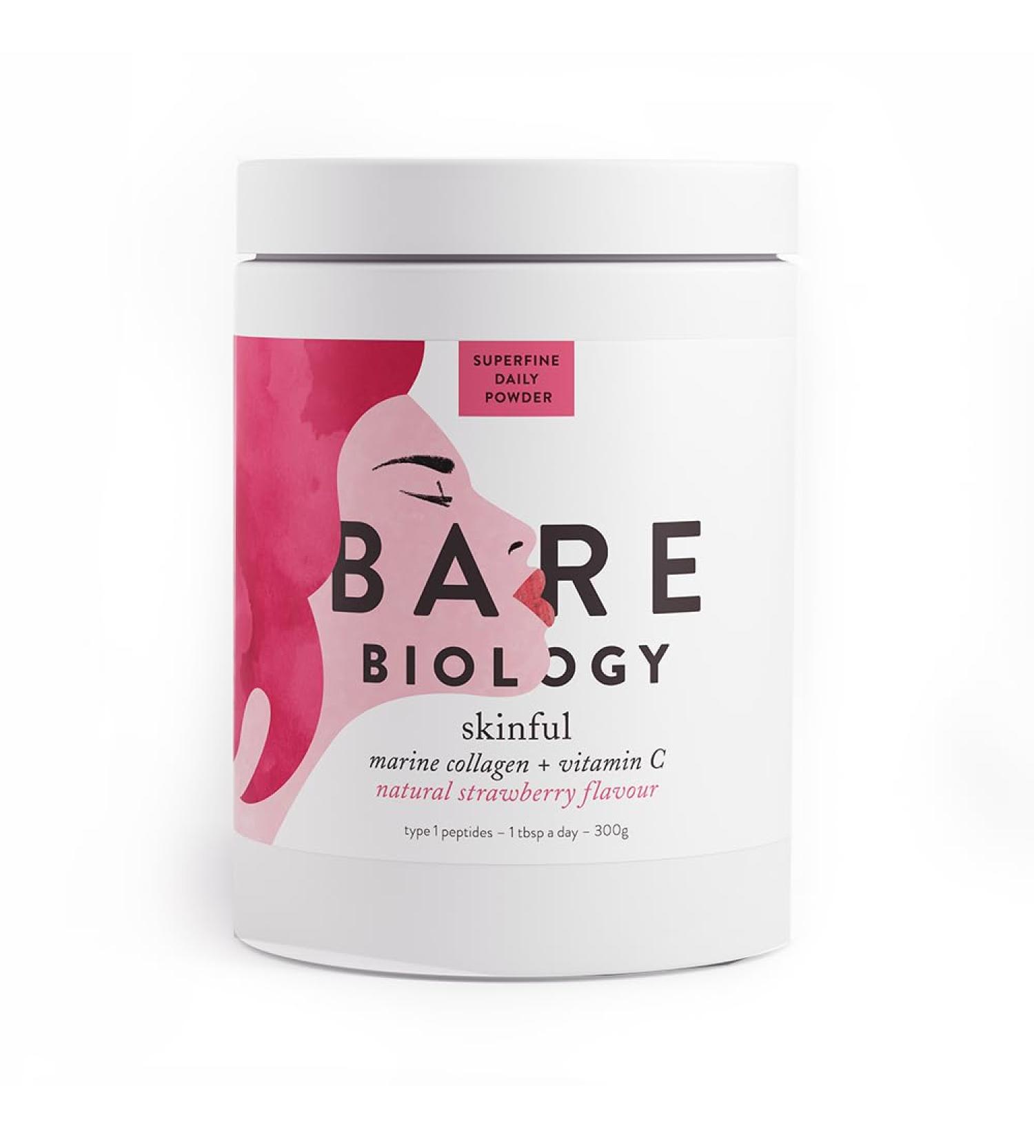 Bare Biology Skinful Marine Collagen Powder 300g - Strawberry Flavour with Vitamin C | Pure Sustainable Peptides for Skin, Hair, Bones & Joints - Buy Online on GoSupps.com