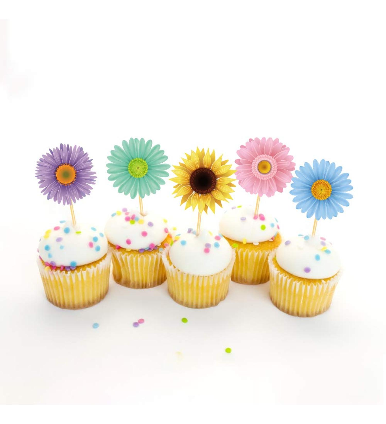 CC HOME Spring Summer Sunflower Party Decoration 25CT Summer Spring Daisy Flower Cupcake Toppers Food Picks Flower Cup Cake Toppers Decorations Easter Decoration Supplies Multicolor - Buy Online on GoSupps.com