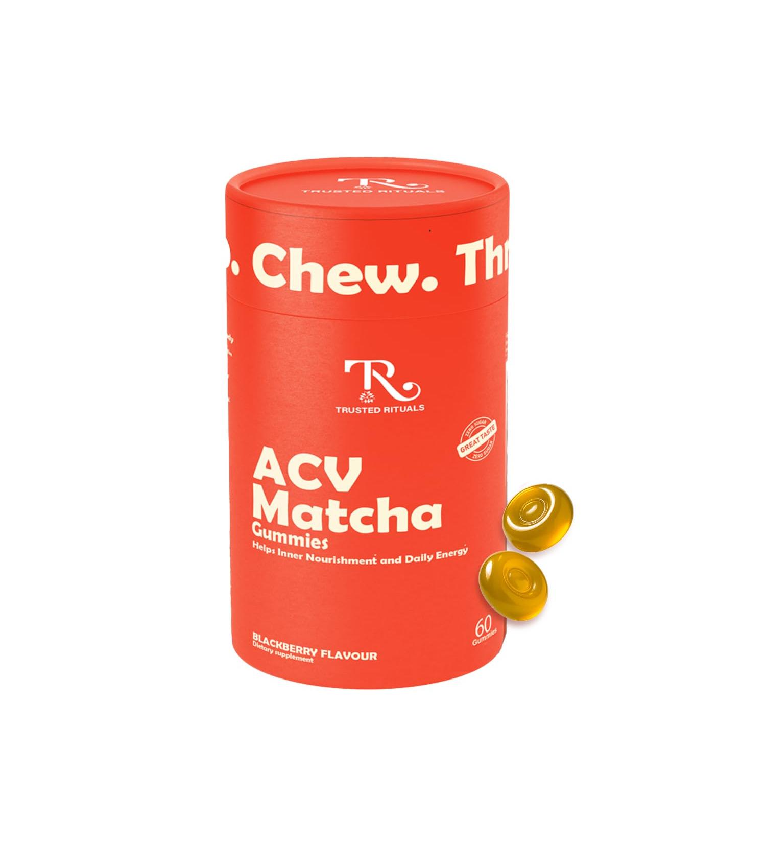 Trusted Rituals ACV Matcha Gummies Max Strength 1000mg ACV with Matcha Ashwagandha Prebiotic Fiber & Vitamins B6/B12 Gut Mind Metabolism & Digestion Support Vegan No Added Sugar 60 Gummies - Buy Online on GoSupps.com