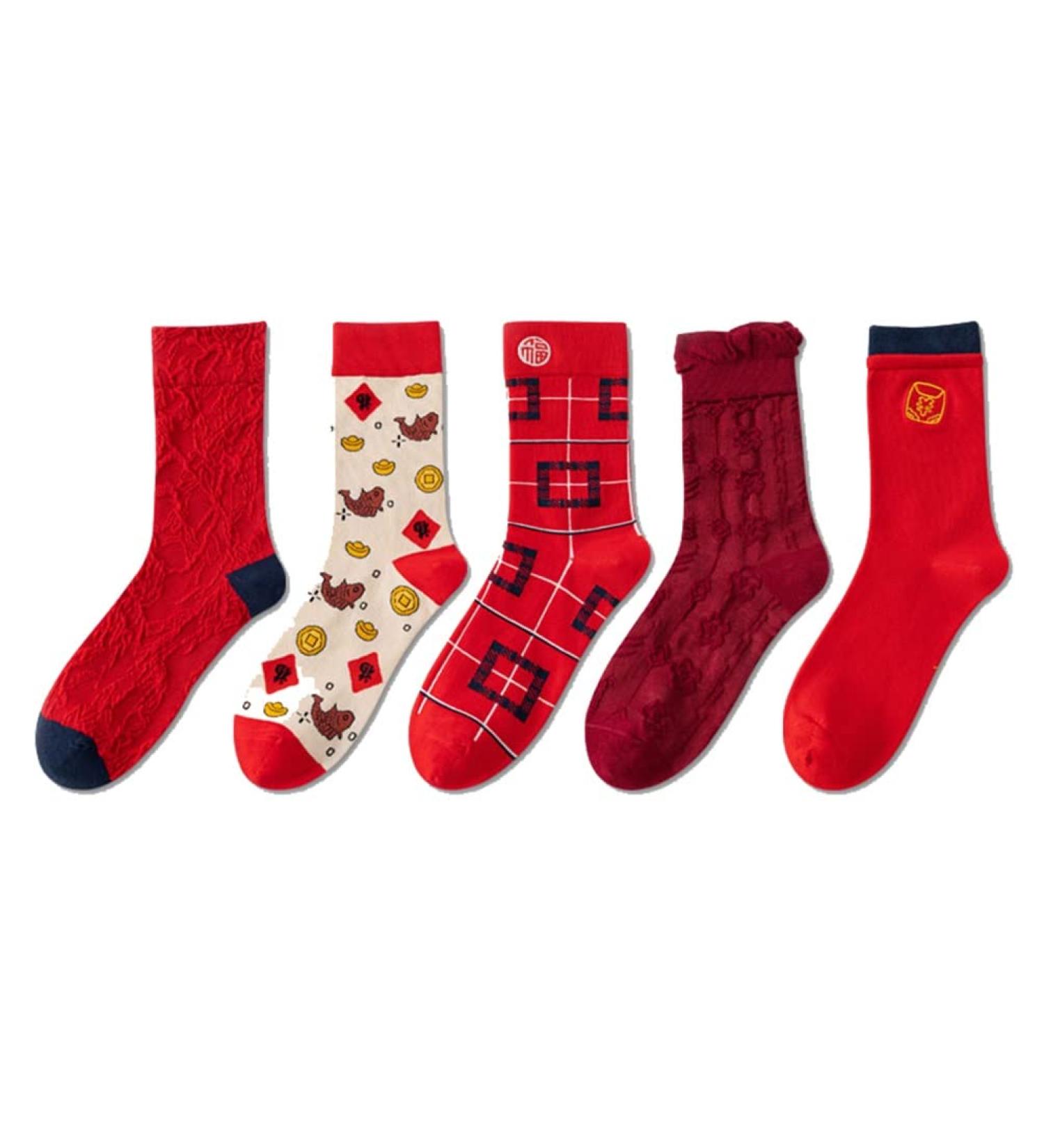 Chinese New Year Zodiac Embroidered Red Socks - 5 Pairs (Size 34-39) - Comfortable & Breathable Cotton Socks for Women - Buy Online on GoSupps.com