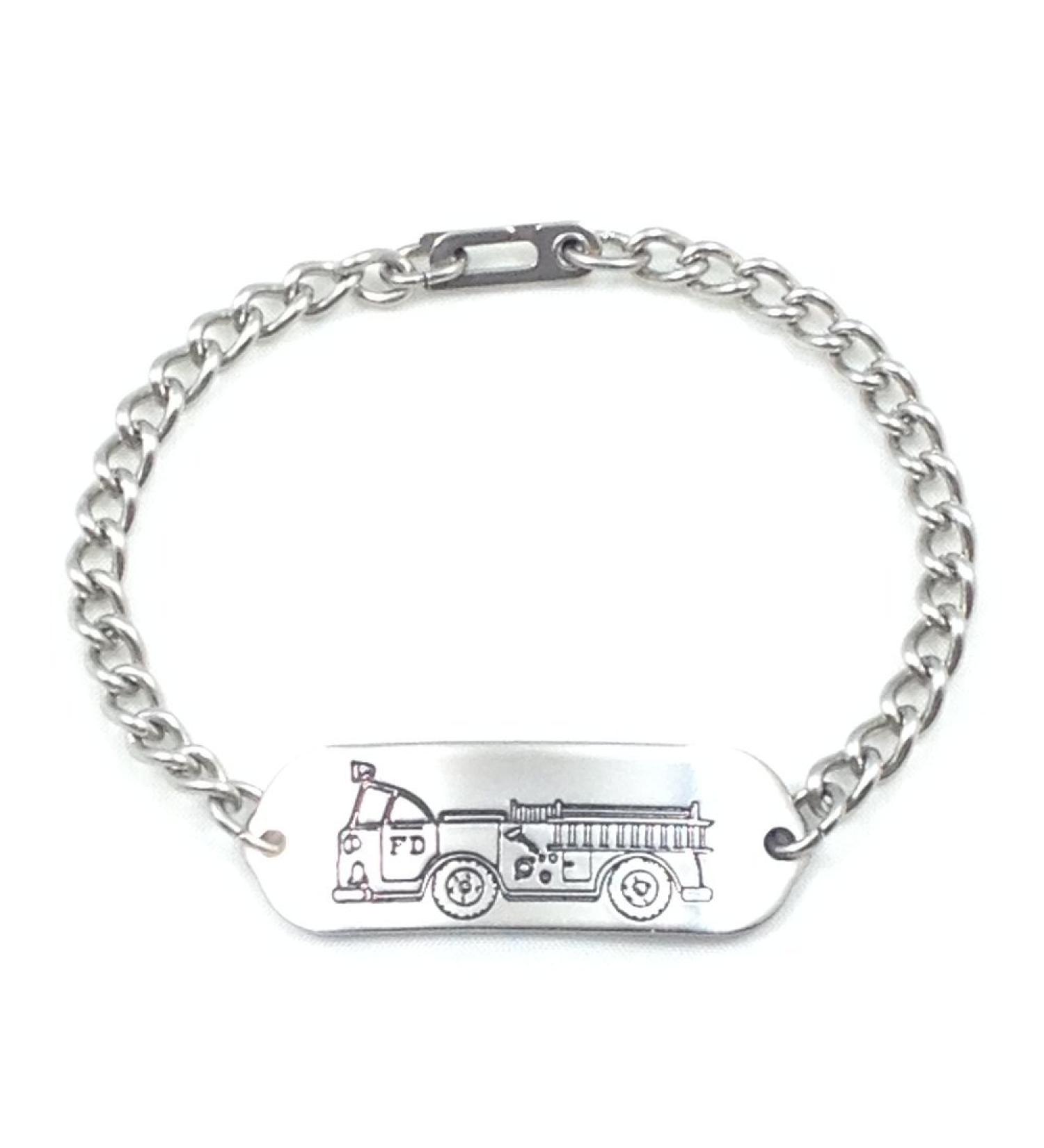 Fire Truck ID Bracelet IDB-04SH - with Sister Hook Clasp - Stainless Steel - Personalized Engraving - Customized Bracelet Length - Child Youth or Adult