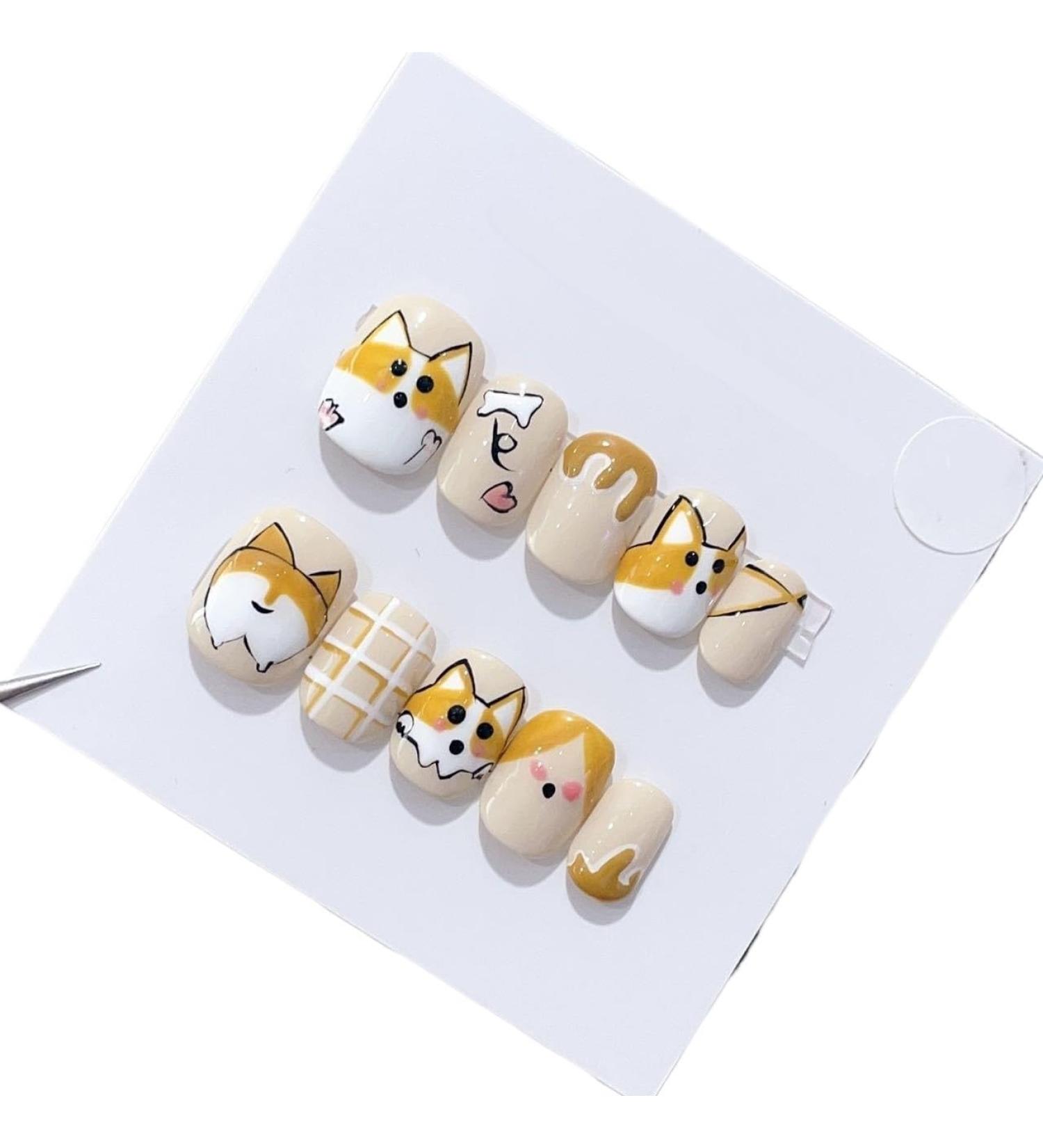 Wearing nail by hand corgi nail care cartoon cute wearing nail care patch short false nail(M) - Buy Online on GoSupps.com