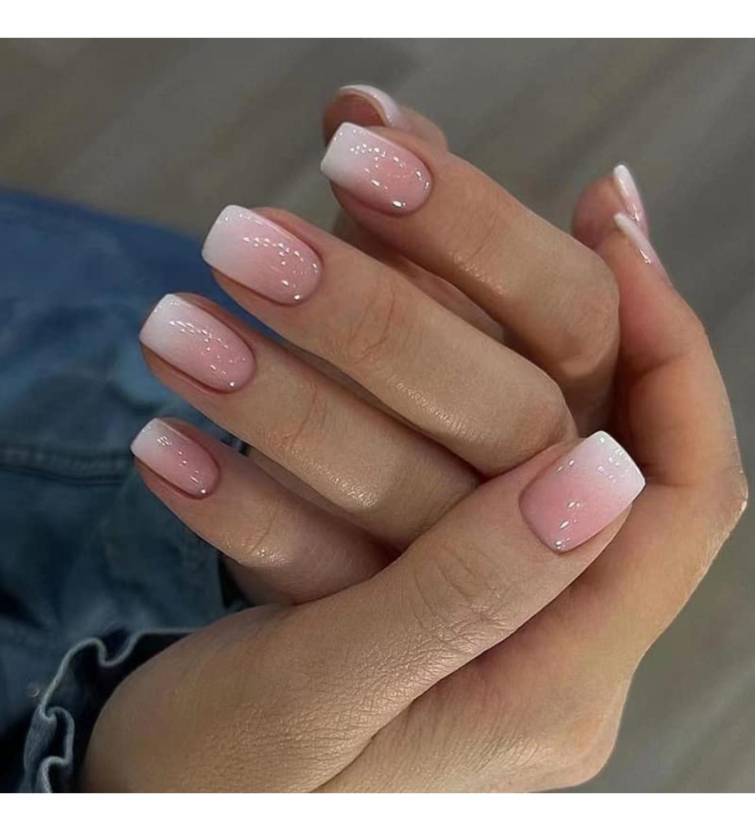 Mouyou Short Square Press On Nails - Nude Pink Gradient White Full Cover Artificial Fingernails with Glue for Women & Girls - F7 - Buy Online on GoSupps.com