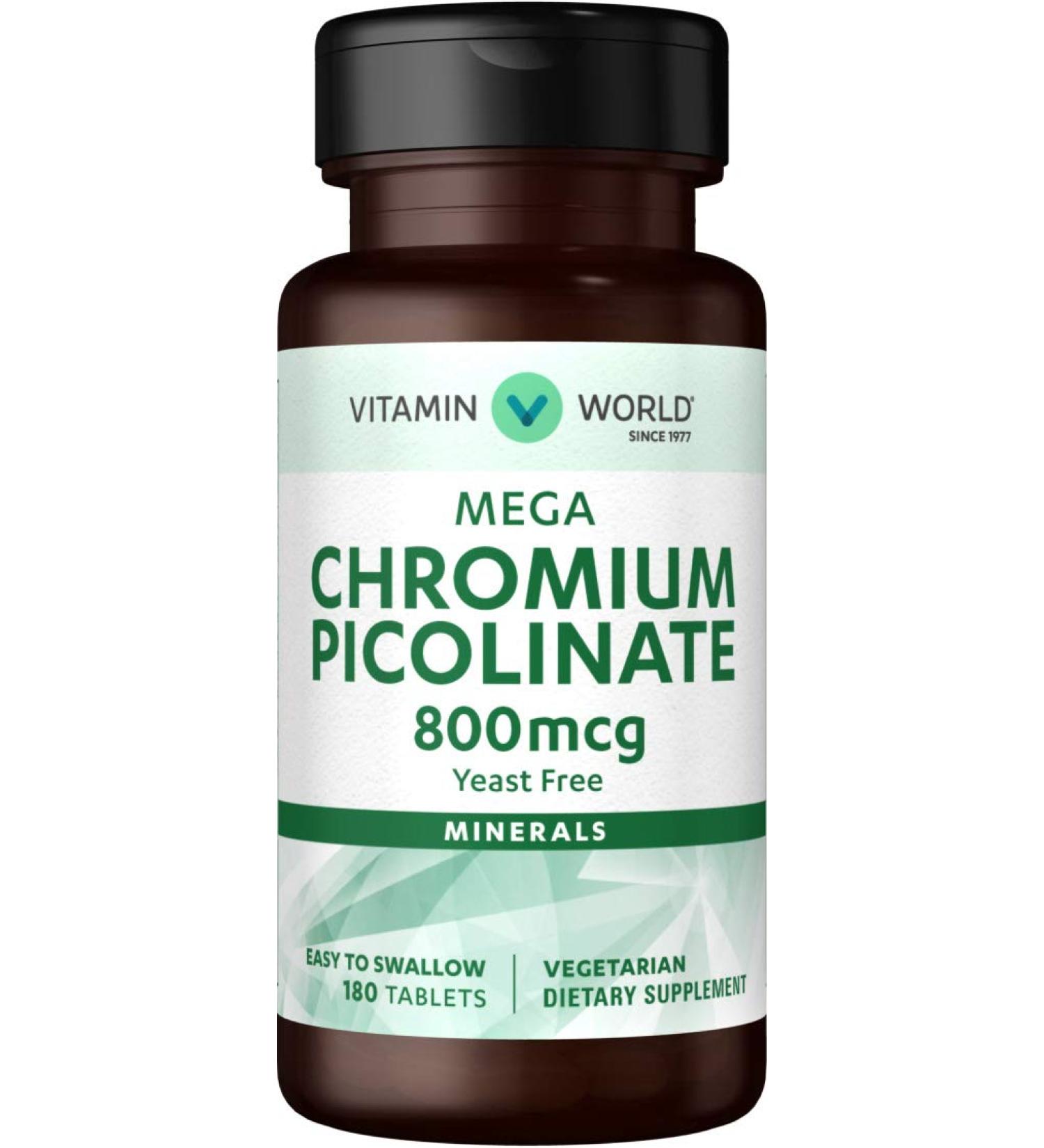 Vitamin World Mega Chromium Picolinate 800 mcg. 180 Tablets Trace Mineral Supplement Yeast-Free Vegetarian Gluten Free