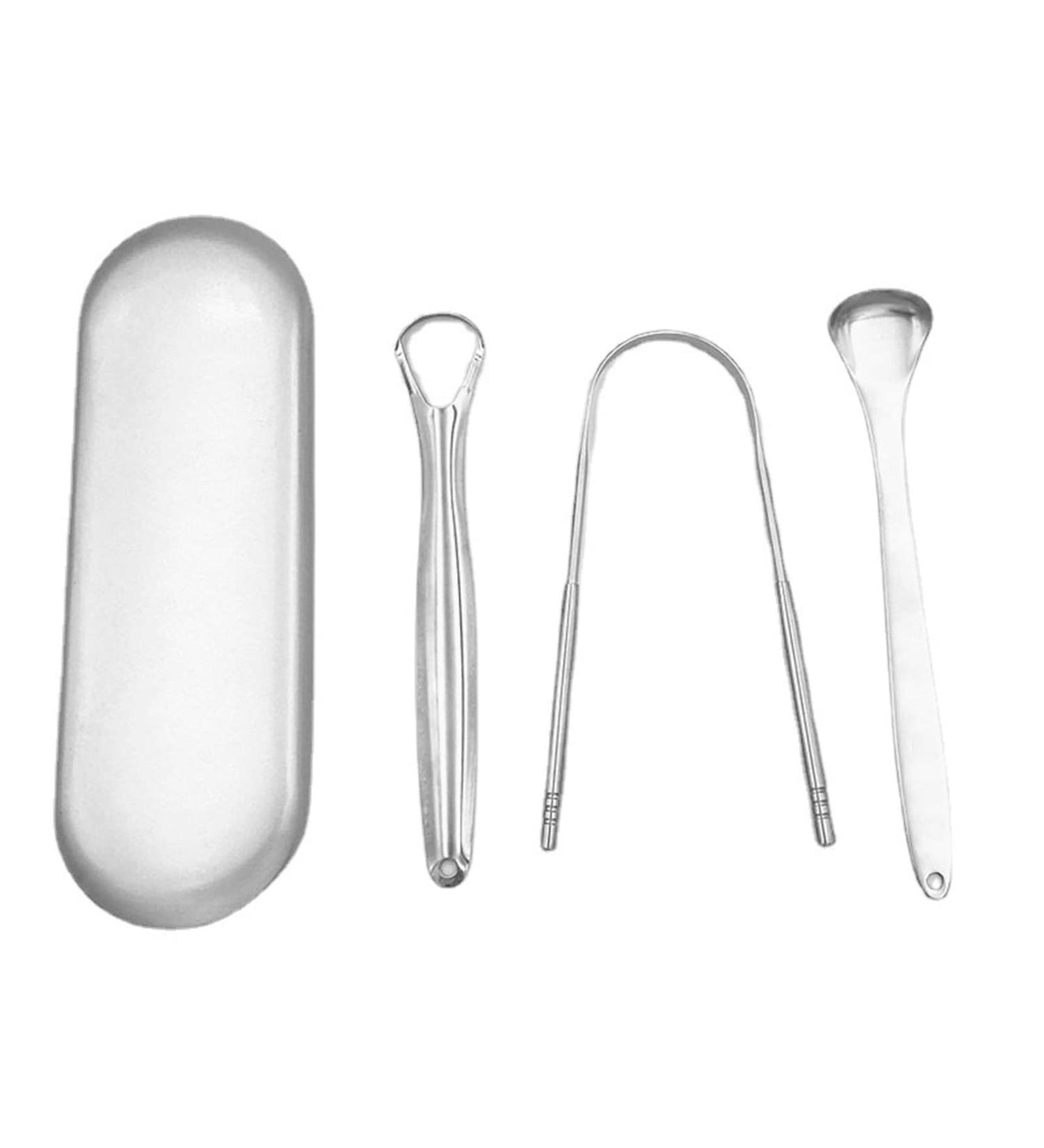 WANGCL Tongue Cleaner Set - 3 Pieces Stainless Steel Tongue Cleaning Tools for Optimal Oral Hygiene - Professional Silver Tongue Scraper - Buy Online on GoSupps.com