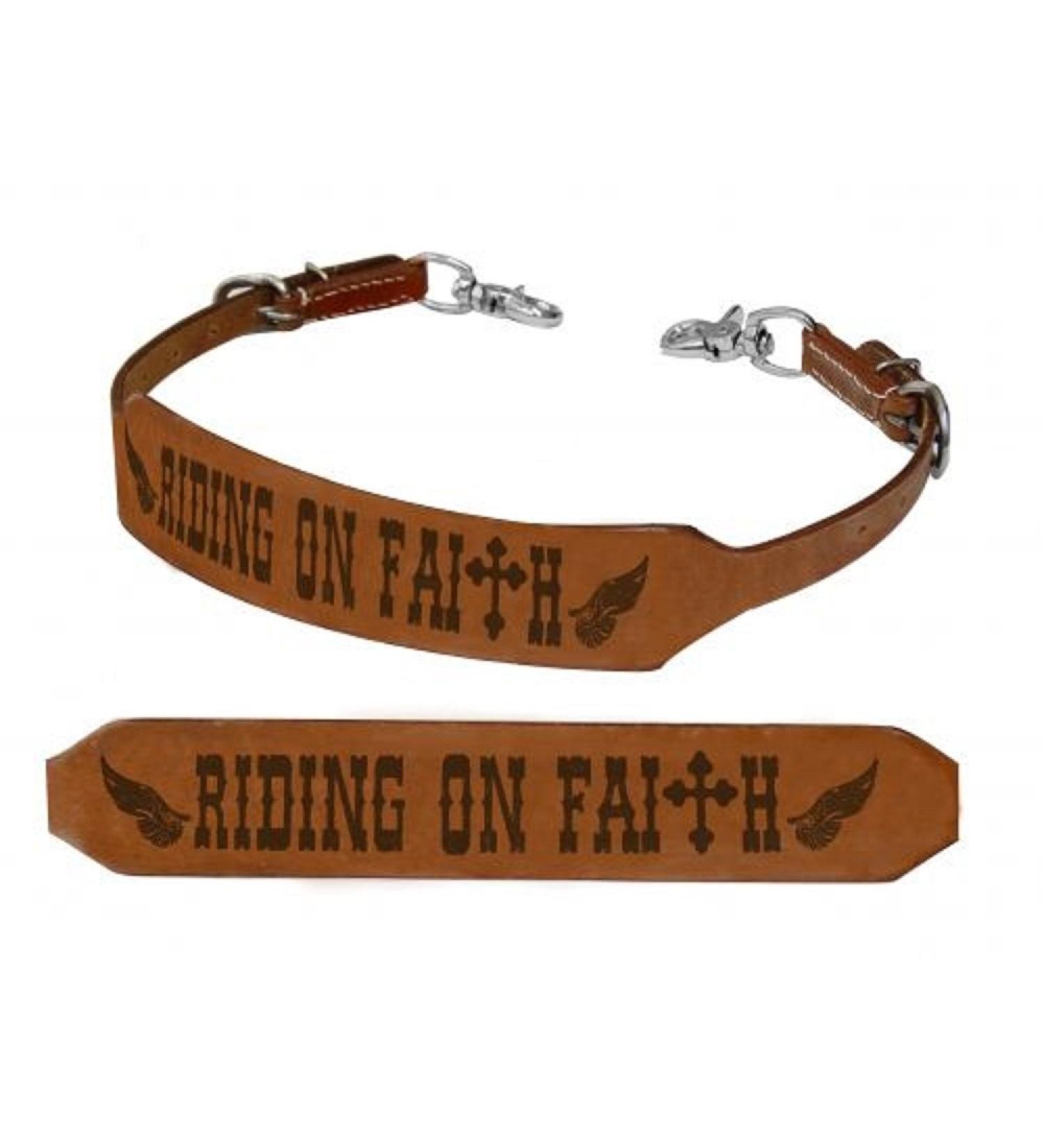 Showman "Riding on Faith" Branded Stamped Horse Size Leather Wither Strap Wings and Cross Adusts 27"-24"