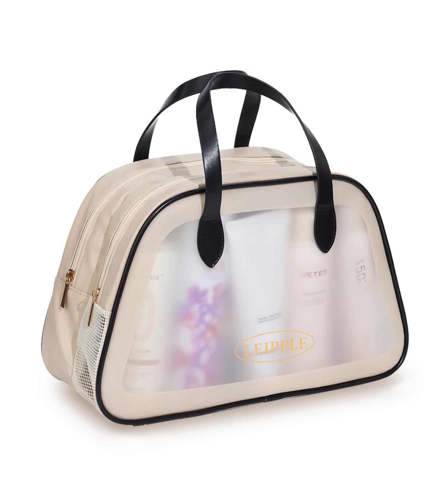 Clear Travel Toiletries Bag | Portable Waterproof PVC Makeup Bag for Women Girls | 2 Zippered Sections | Black Apricot - Buy Online on GoSupps.com