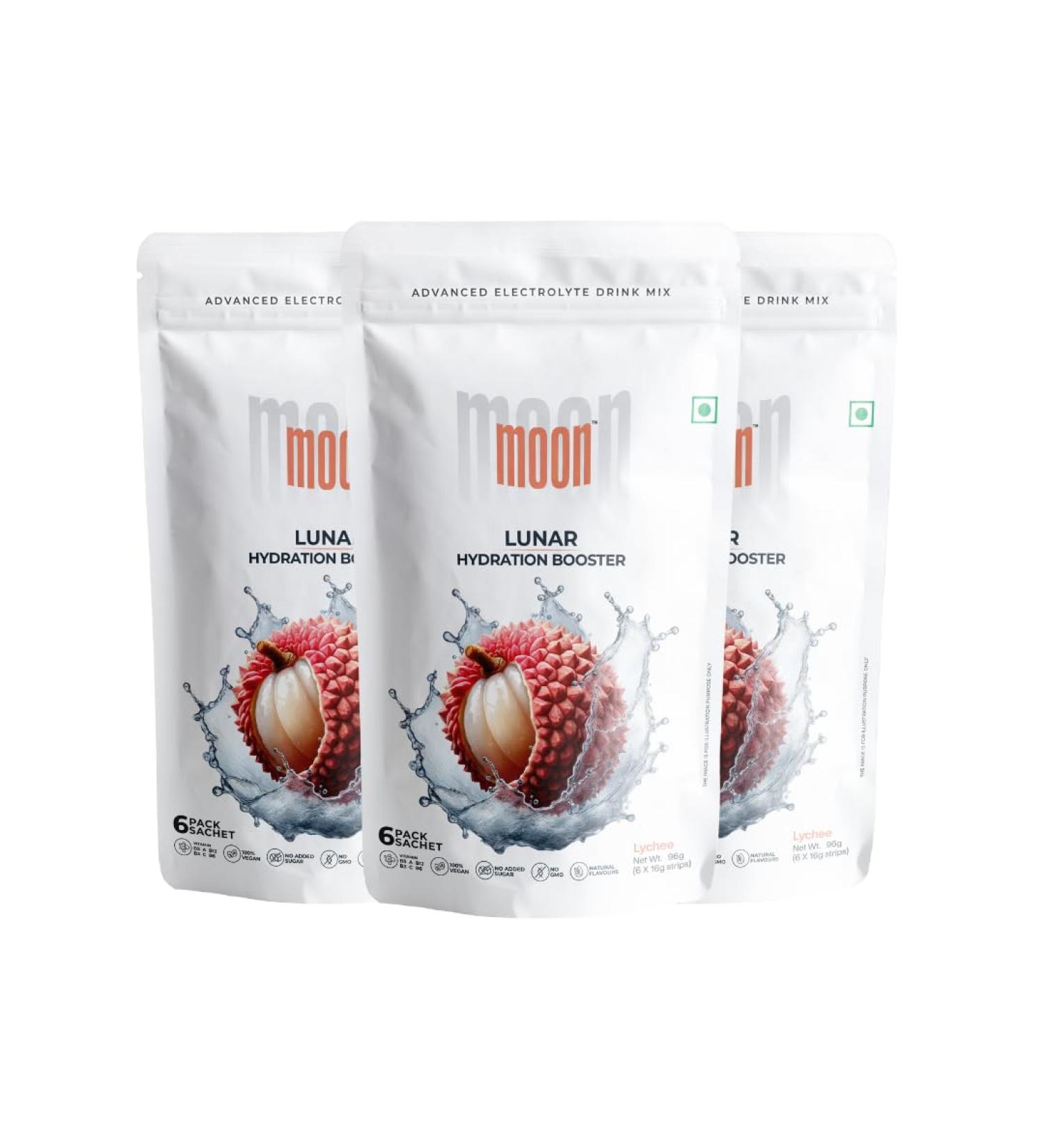MOON Lunar Lychee Hydration Booster Energy Drink Mix Natural & Healthy Electrolytes Mix Instant Daily Hydration & Energy Boost Post Workout Energy Powder Pack of 3(16g X 18 Sachets) Lychee 10.16 Ounce (Pack of 1) - Buy Online on GoSupps.com