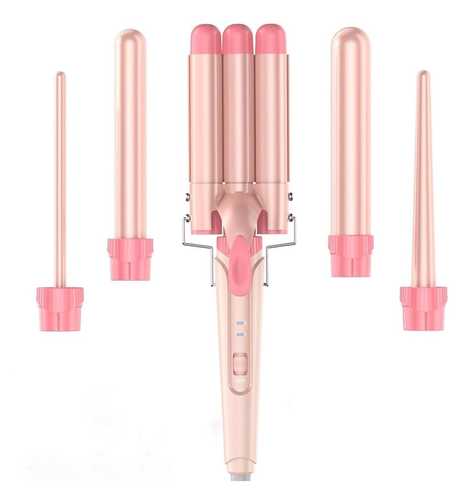 Waver Curling Iron Wand BESTOPE PRO 5 in 1 Curling Wand Set with 3 Barrel Hair Crimper for Women Fast Heating Hair Wand Curler in All Hair Type - Soft Pink