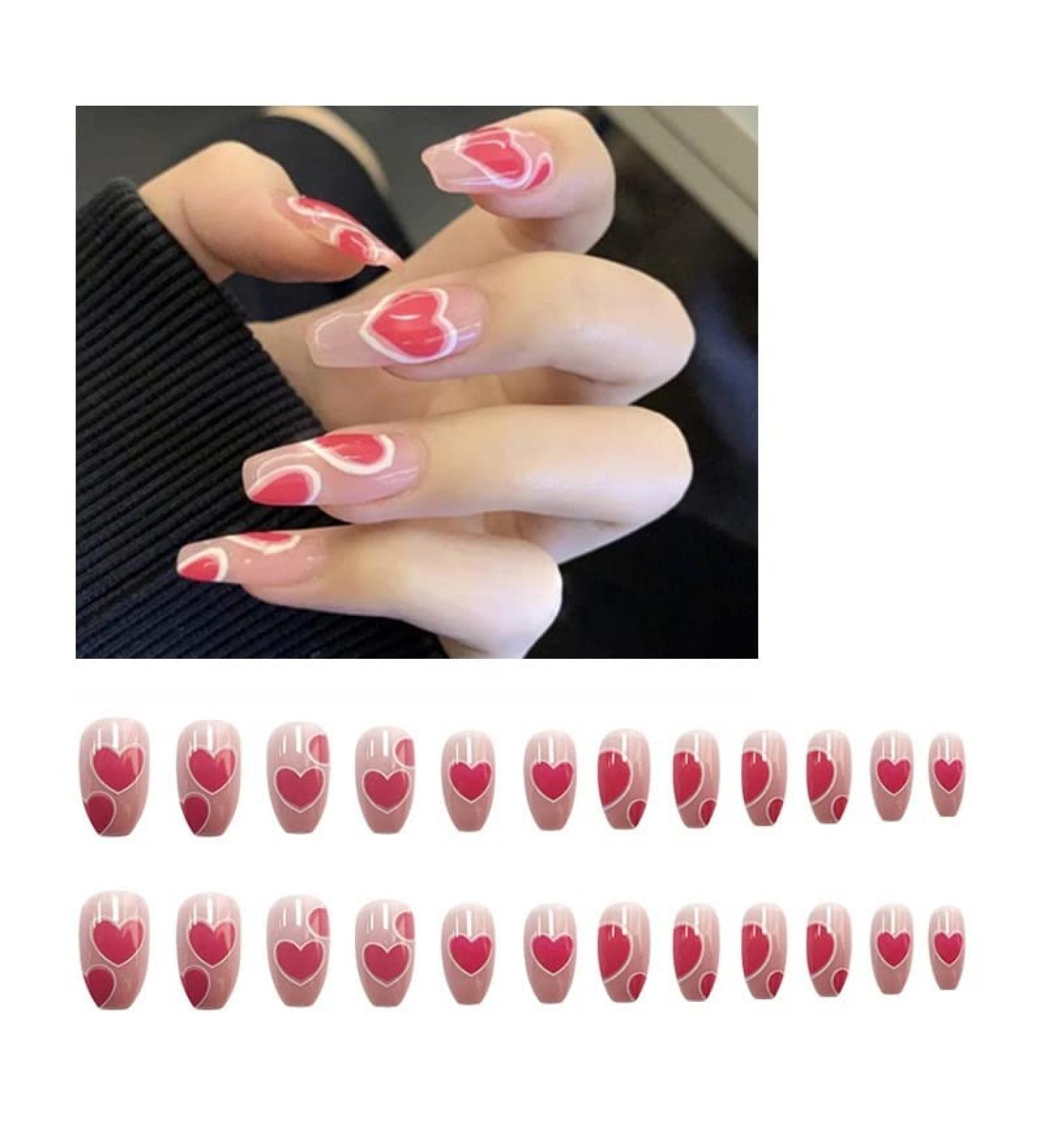 24 Pack Fake Nails Pearl Heart Length Ballerina Sweet Band Design Ballet Coffin Nail Tip French Transparent Full Cover (Color : Heart 1) - Buy Online on GoSupps.com
