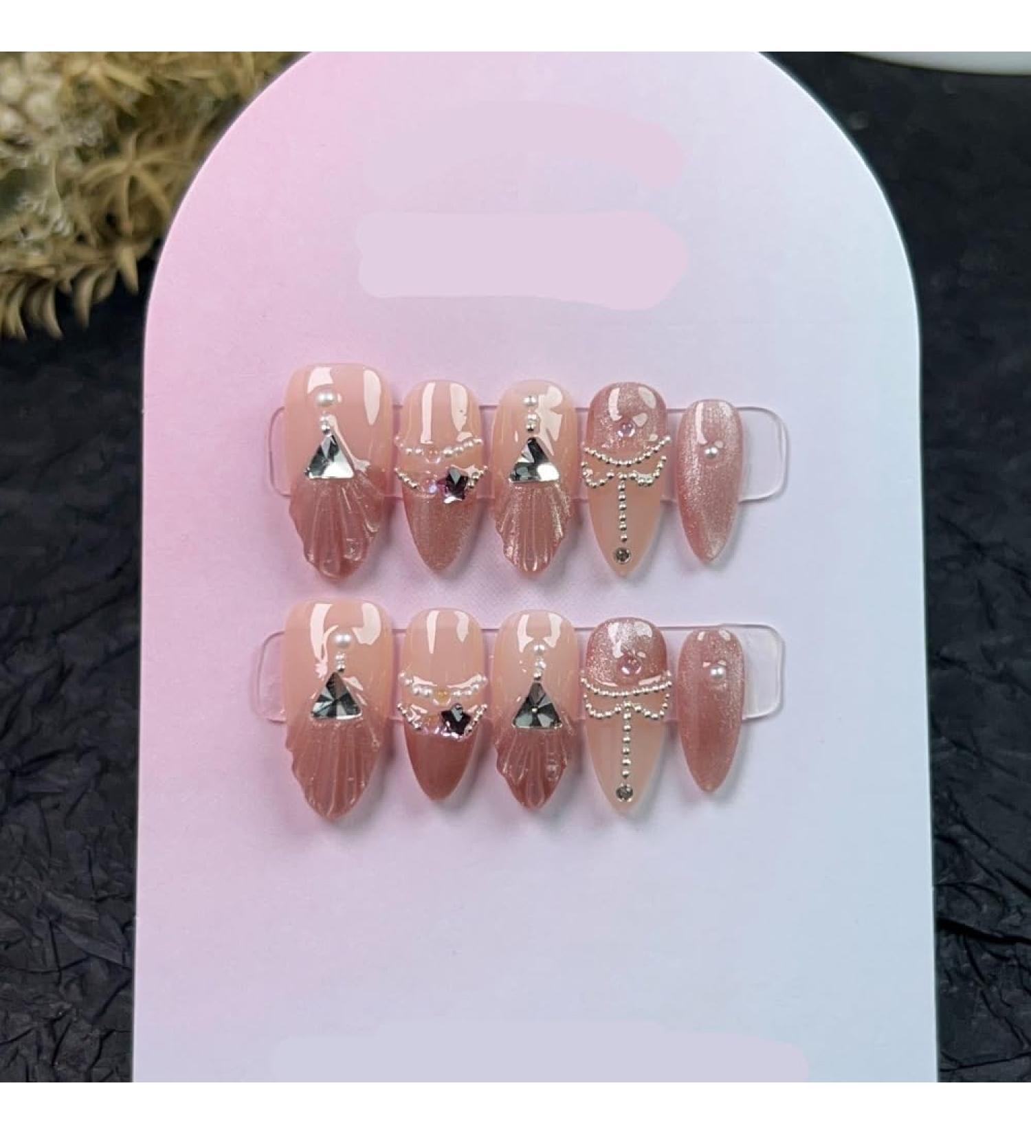 10Pc Blush Powder Almond False Nails Relief Hand drawn Bow Star Design Press on Nails Handmade Full Cover False Nail Tips(Color:2 Size:M)