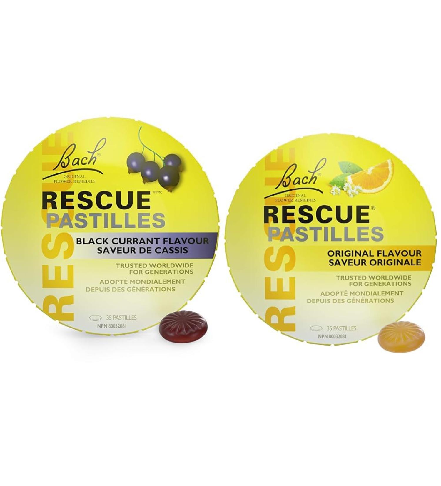 Rescue Remedy Bach RESCUE PASTILLES Black Currant Flavour Lozenges Natural Flower Essence & Rescue Remedy Bach RESCUE PASTILLES Orange and Elderflower Flavour Lozenges - Buy Online on GoSupps.com