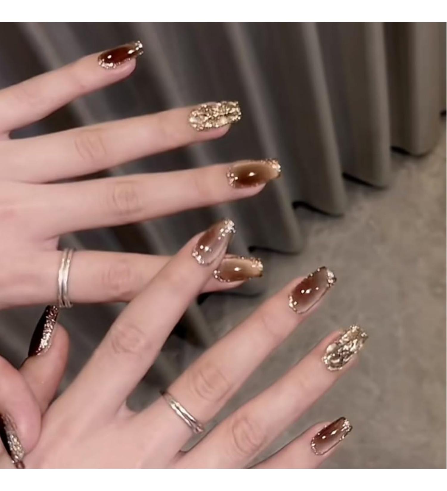 Brown Starry Cat Eye Champagne Diamonds Handmade Wearable Nail in Autumn High Grade Beauty Patch Nail enhancement (Size : M) - Buy Online on GoSupps.com