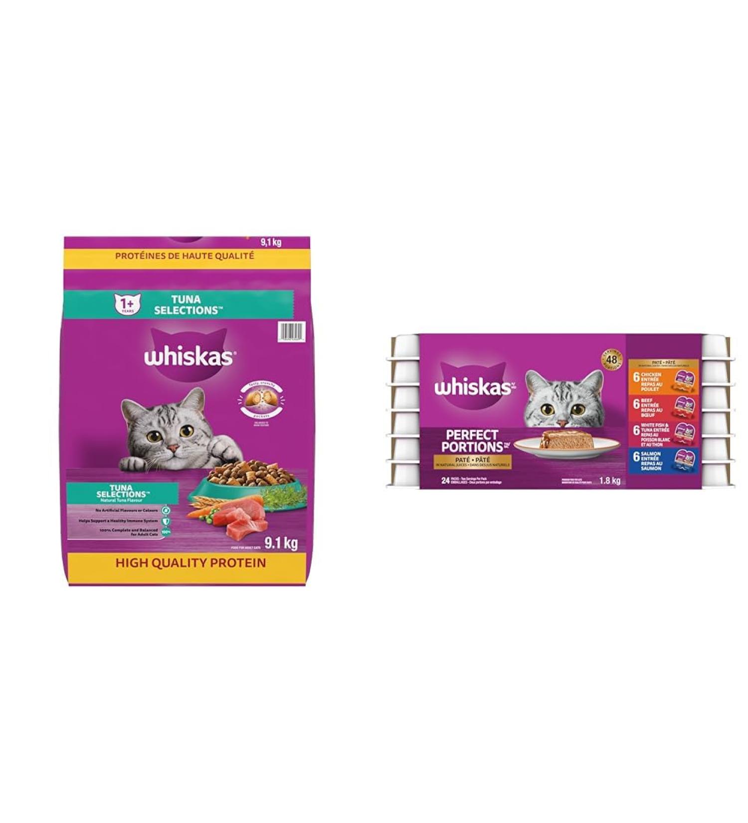 WHISKAS Adult Dry Cat Food - Tuna Selections Flavour 9.1 kg Bag & Perfect Portions Adult Wet Cat Food - Chicken Beef Whitefish and Tuna Salmon 75g Trays (24 Pack) - Buy Online on GoSupps.com