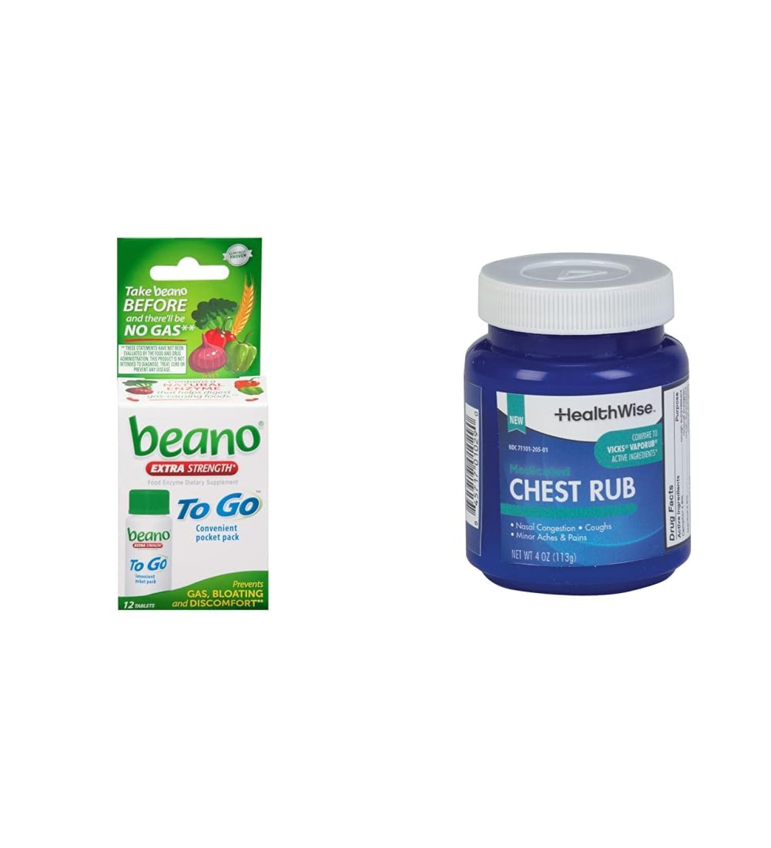 Beano to Go Gas Prevention, 12 Tablets & HealthWise Medicated Chest Rub, 4 oz. for Cough, Congestion, Aches - Buy Online on GoSupps.com