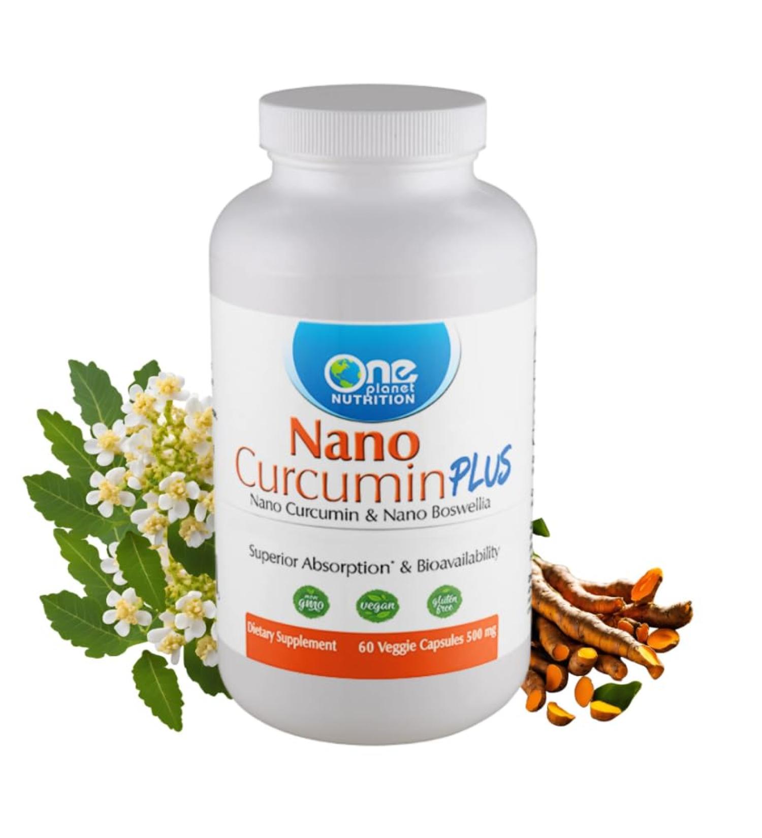 One Planet Nutrition Nano Curcumin Plus Capsules - 500 mg (60 Count) - Nano Particle Size Turmeric & Boswellia for High Absorption - Supports Overall Health - Gluten Free Non GMO Vegan - Buy Online on GoSupps.com