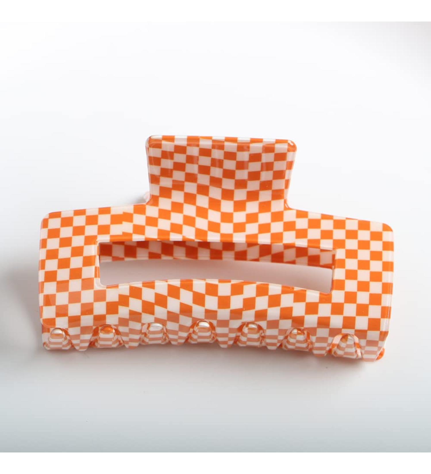 Checkered Hair Claw Clip - Vintage Cellulose Acetate Banana Clamp (Orange) - Non-Slip Hair Accessory for Women and Girls - Buy Online on GoSupps.com