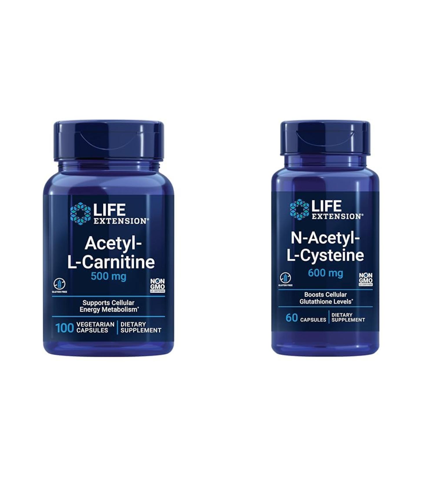 Life Extension Acetyl-L-Carnitine Cellular Energy Brain Nerve Support + N-Acetyl-L-Cysteine Immune Respiratory Liver Health Antioxidant 100 + 60 Capsules - Buy Online on GoSupps.com
