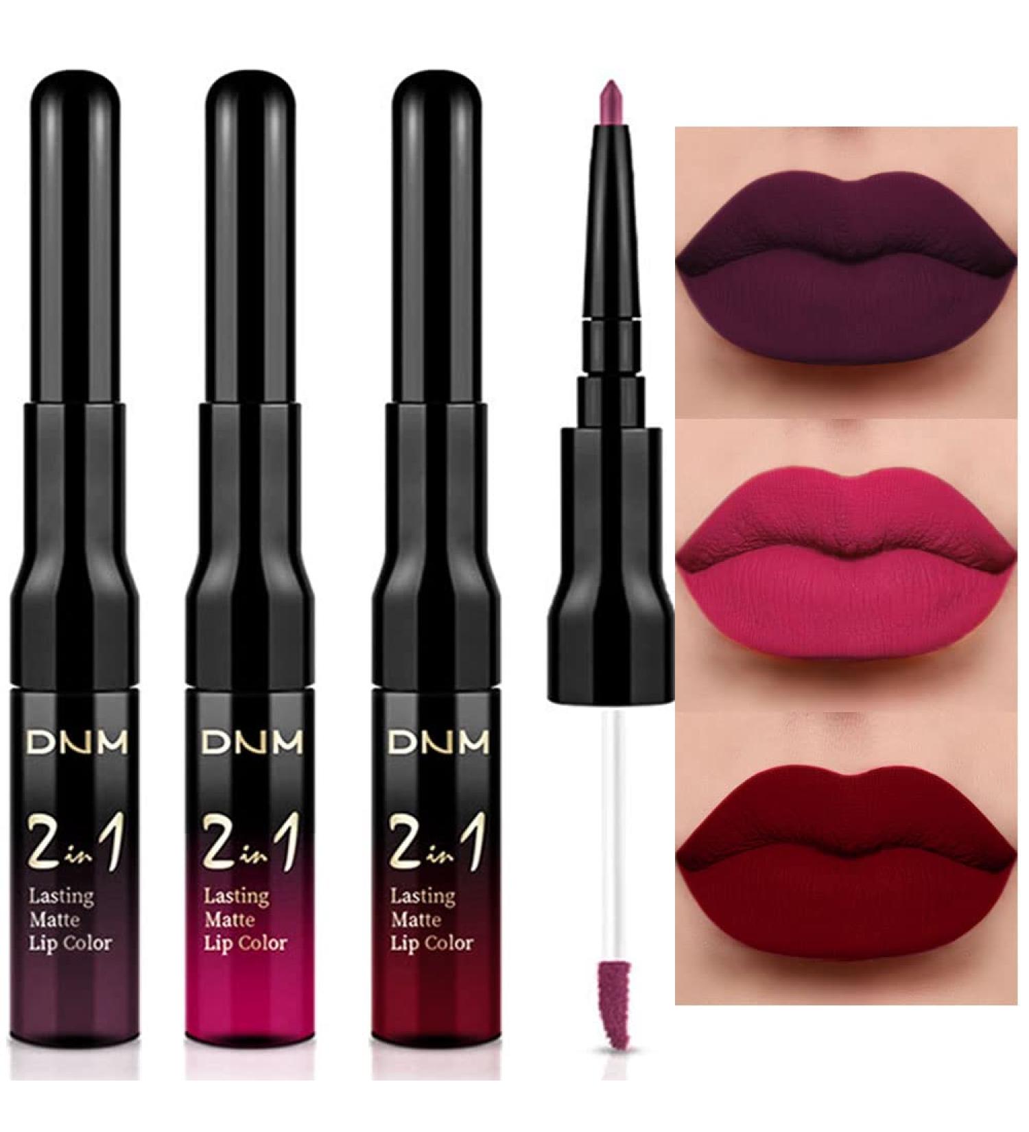 3Pcs Black Red Matte Lip Liner Pencil and Liquid Lipstick Set - Long Lasting & Waterproof 24-Hour Wear in Dark Red, Purple, Rose Pink - Original Matte Lipstick Set for Women - Buy Online on GoSupps.com