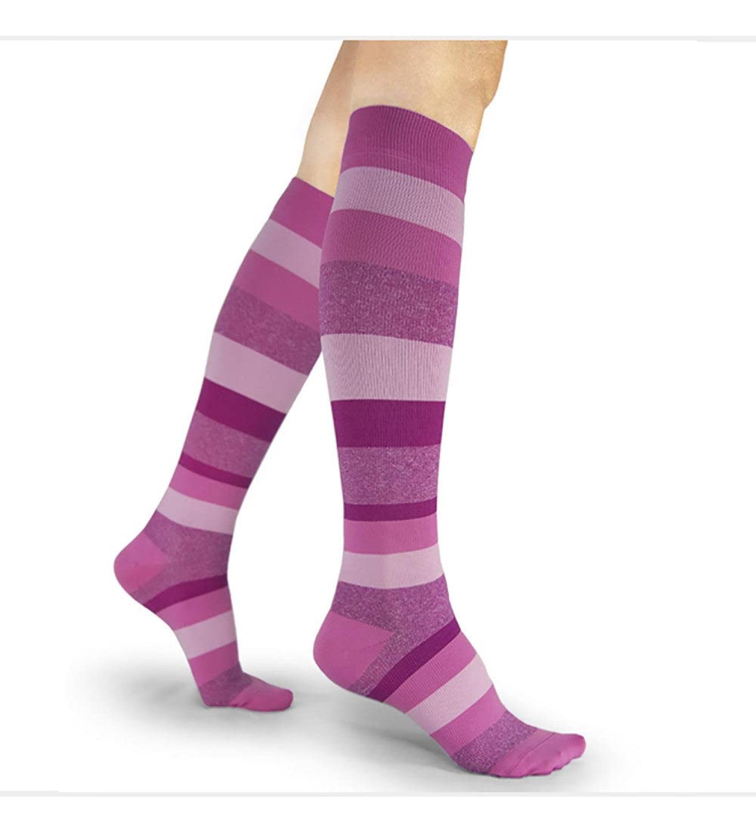 Sigvaris Women's Microfiber 143 Calf High Compression Socks 15-20mmHg - Stylish Pink Stripe for Comfort & Support | International Shipping Available - Buy Online on GoSupps.com