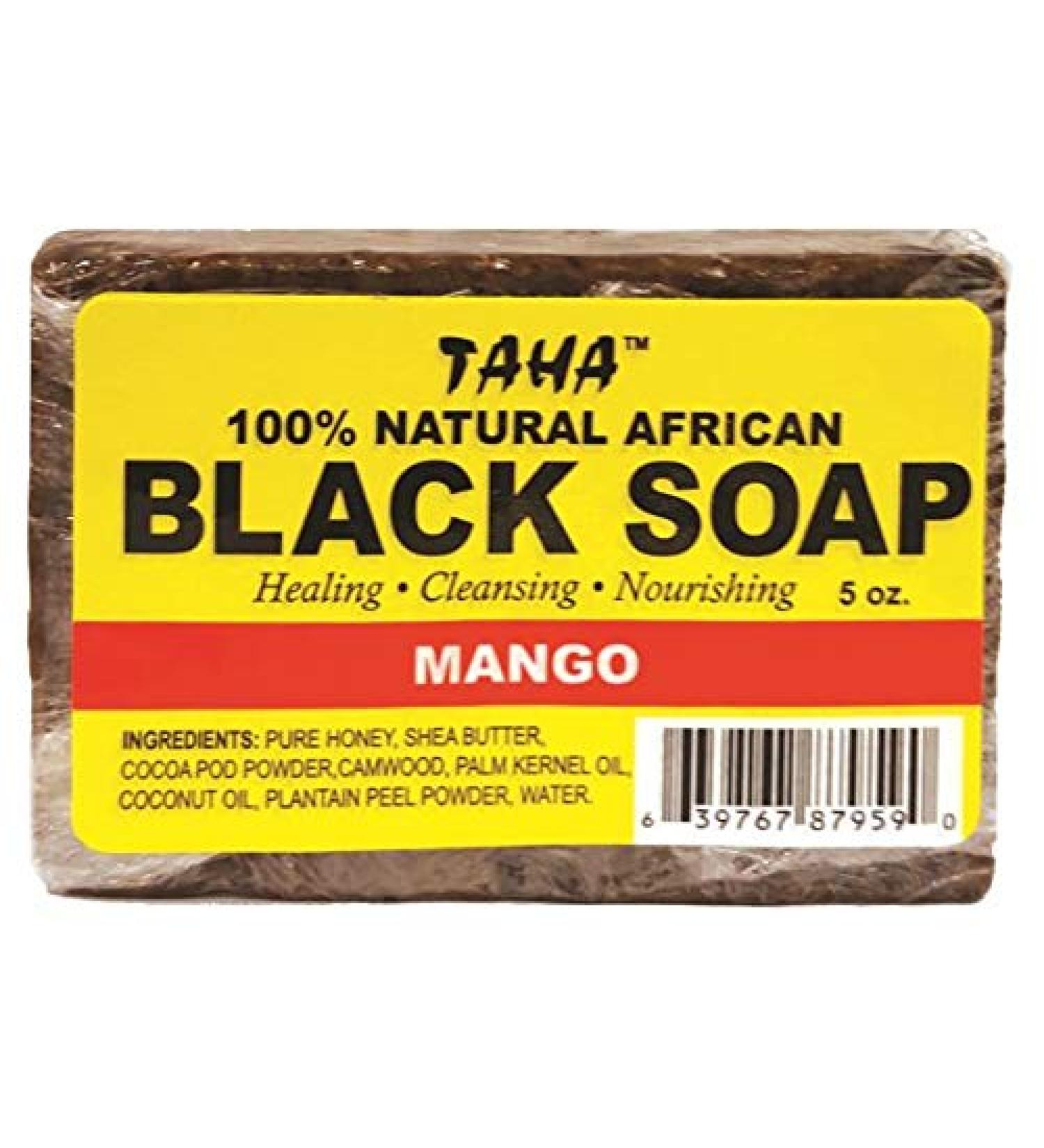 TAHA 100% Natural African Black Soap - Mango 5 oz Pack of 4 Raw Organic Soap for Blemishes Acne Dry Scalp Rich in Vitamins & Antioxidants Cleanse Exfoliate & Moisturize