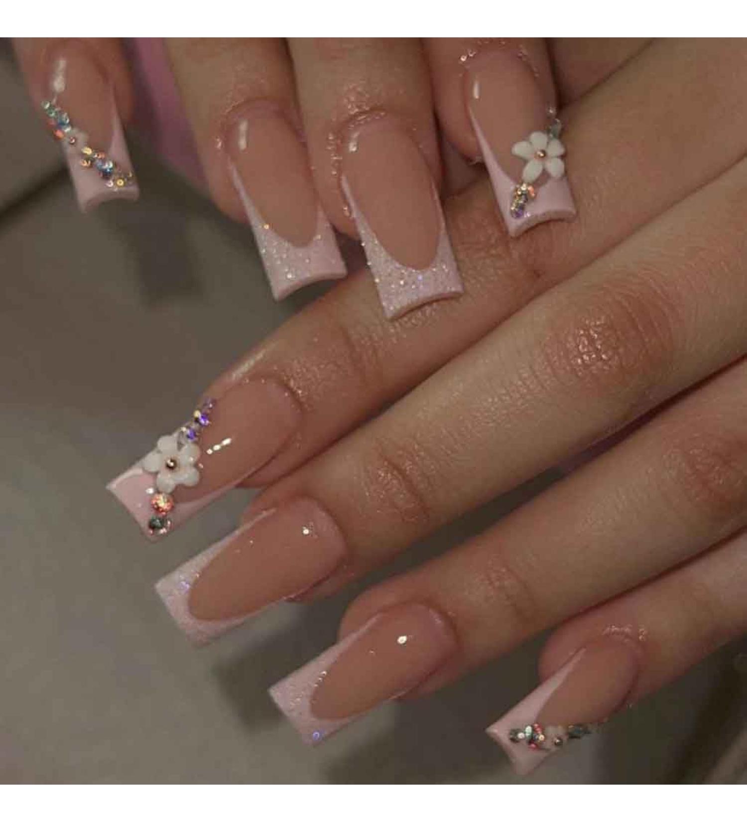 Foccna 3D Flower Fake Nails - Square Pink French Press on Long Nails with Rhinestones | 24pcs Glossy Artificial Nail Tips for Women & Girls - Buy Online on GoSupps.com