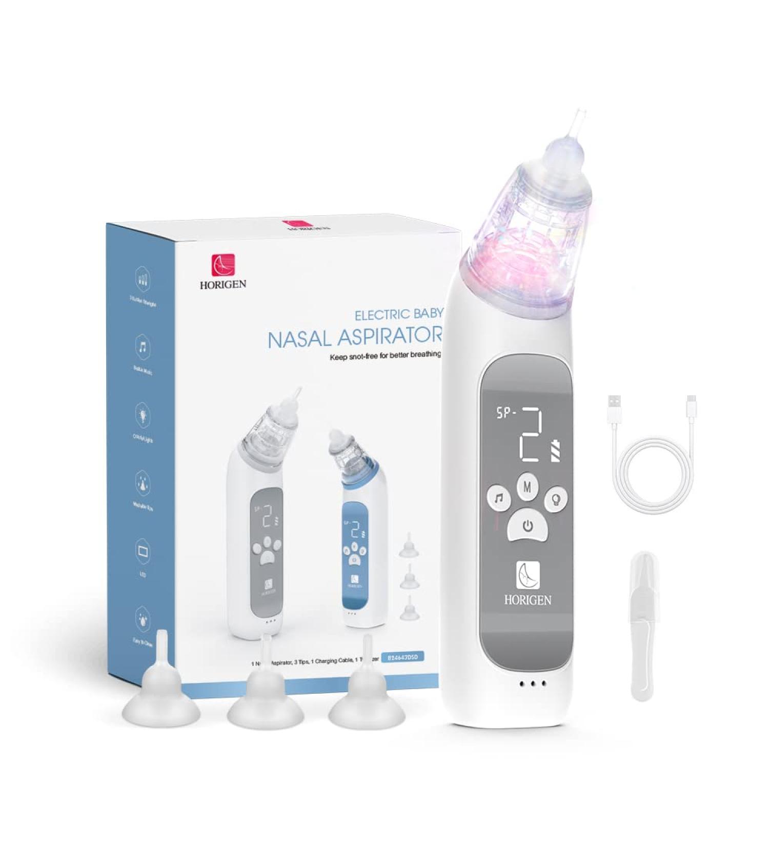 Horigen Rechargeable Nasal Aspirator for Baby | Electric Nose Sucker with 3 Suction Levels, Music & Light Soothing, 3 Silicone Tips - Grey - Buy Online on GoSupps.com