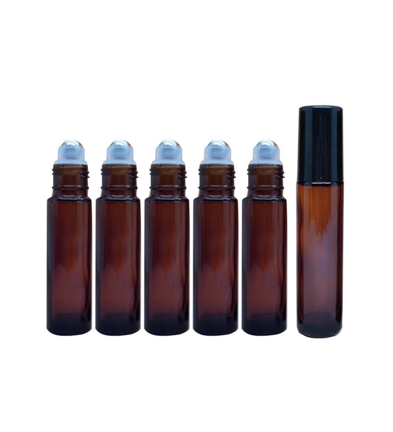 Amber 6 pieces 10 ml 0.34oz brown on rolled bottles glass with stainless steel roller ball for oil perfumes lip gloss balm roller bottle flakon container
