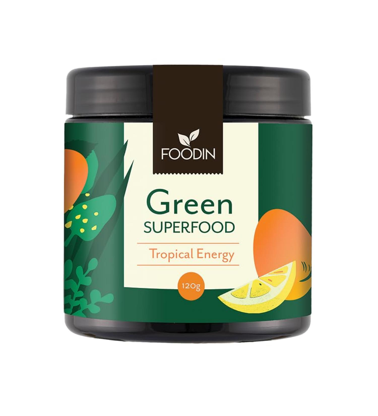 FOODIN Superfood Green Tropical Energie 120g with Super Maca Lion's Mane and Probiotics - Buy Online on GoSupps.com