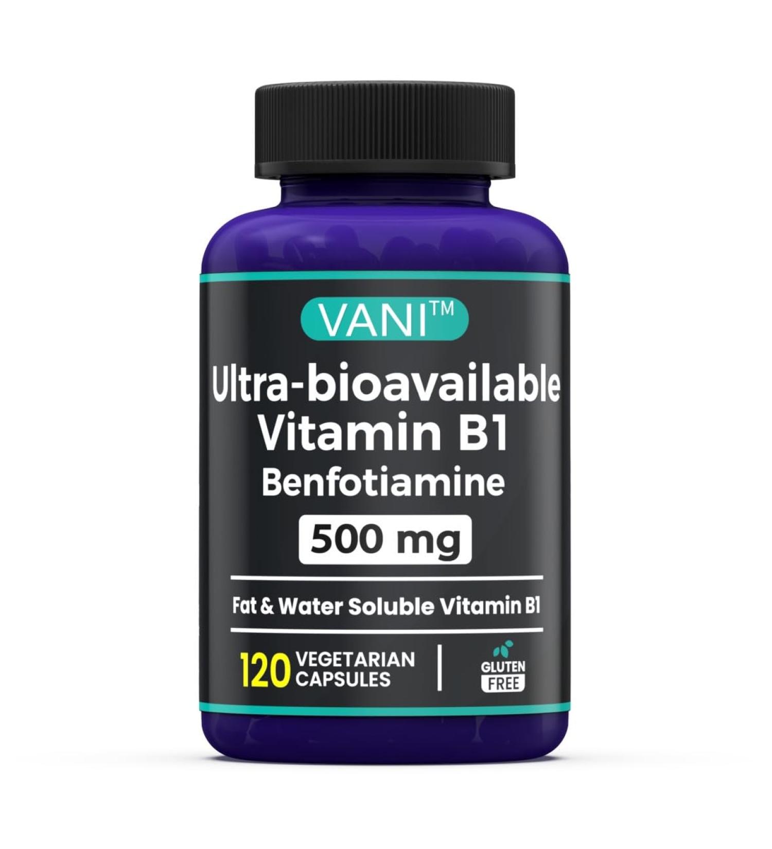 VANI 500MG Benfotiamine with B1, 5X Time Fat & Water Soluble Thiamine B1 Supplement Third Party Tested, No Gluten (120 Capsules) - Buy Online on GoSupps.com