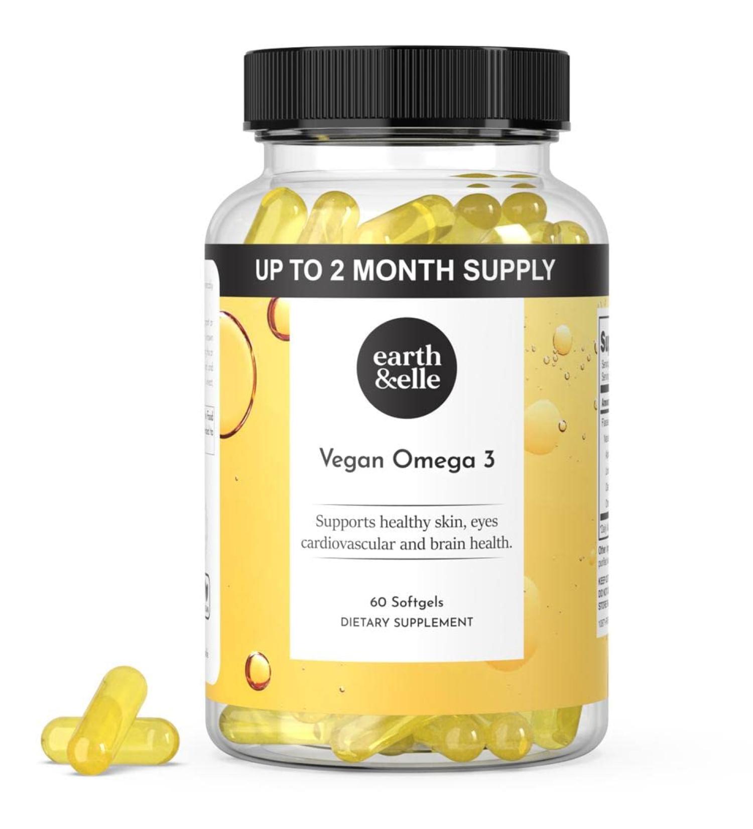 Earth & Elle Algae Omega 3 Supplement - Vegan Omega 3 - Omega 3 Vegan Supplement w/Algae Oil & Vegan DHA - Helps Support Heart & Brain Health 1000 mg Per Serving - No Fishy Aftertaste 60 Softgels - Buy Online on GoSupps.com