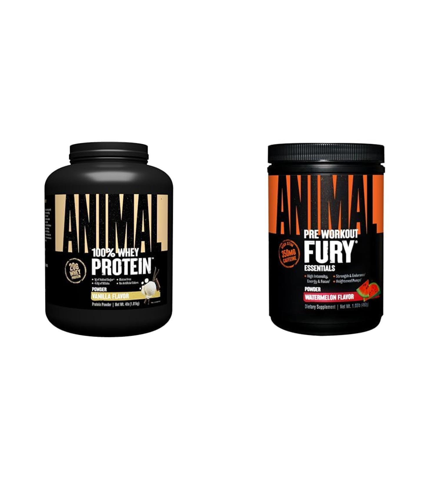 Animal 100% Whey Protein Powder Vanilla 4lb Bundle Fury Pre Workout Powder Supplement Watermelon 16.96oz - Buy Online on GoSupps.com