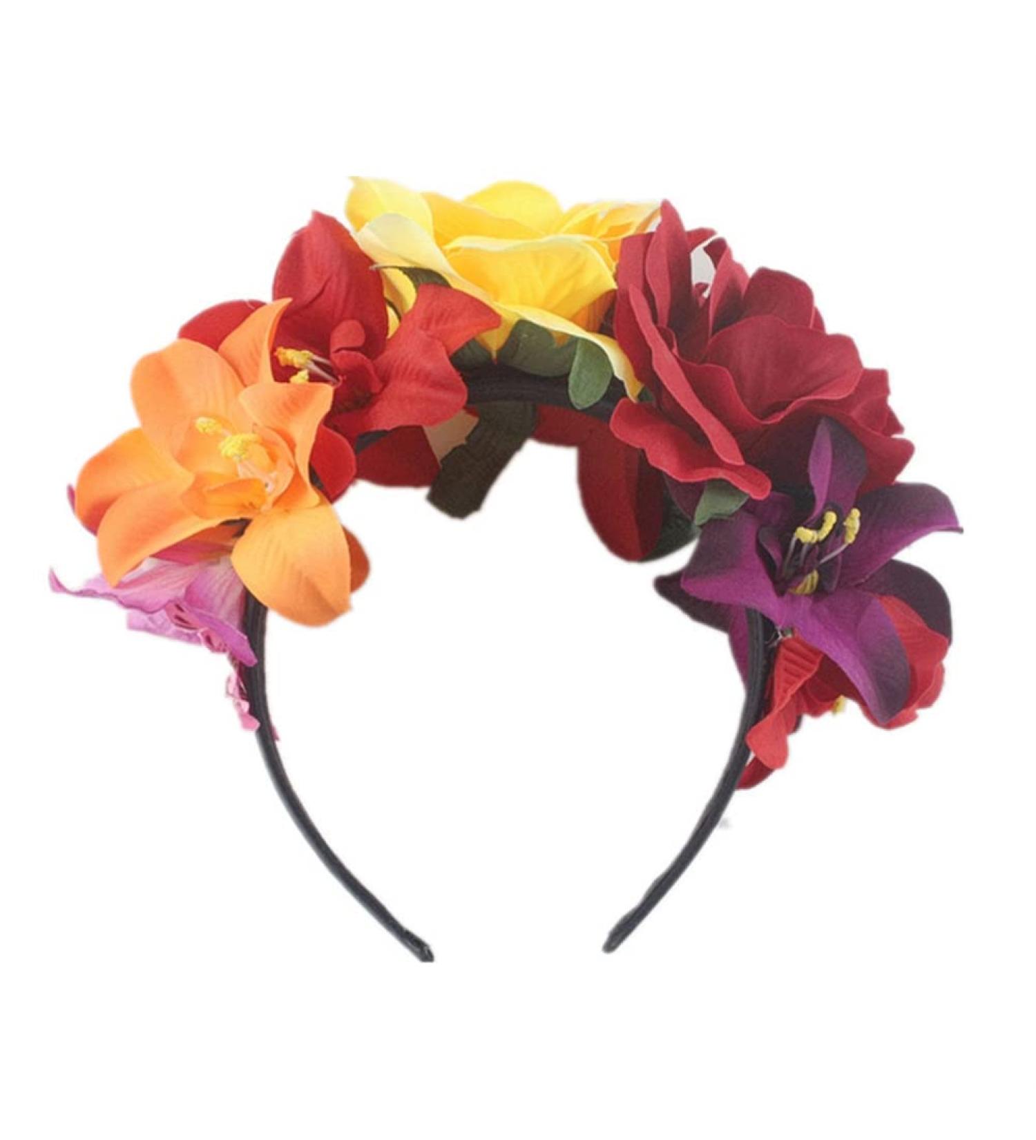 Women Day of The Dead Headband Artificial Rose Flower Crown Mexican Halloween Festival Headpiece Colorful Fake Stamen Party Hair Hoop - Buy Online on GoSupps.com