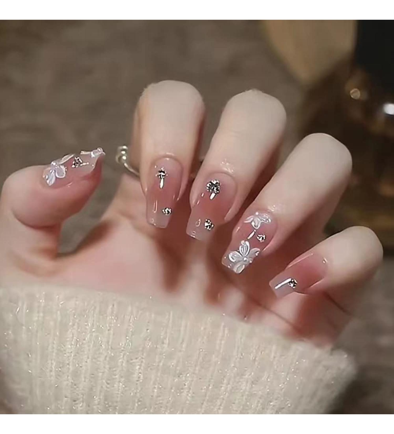 3D Rhinestone Press on Nails - Bling Glitter Pink Flower Fake Nails - Coffin Acrylic False Nails - 24pcs with Glue Sticker - Prom Women's Nails - Buy Online on GoSupps.com